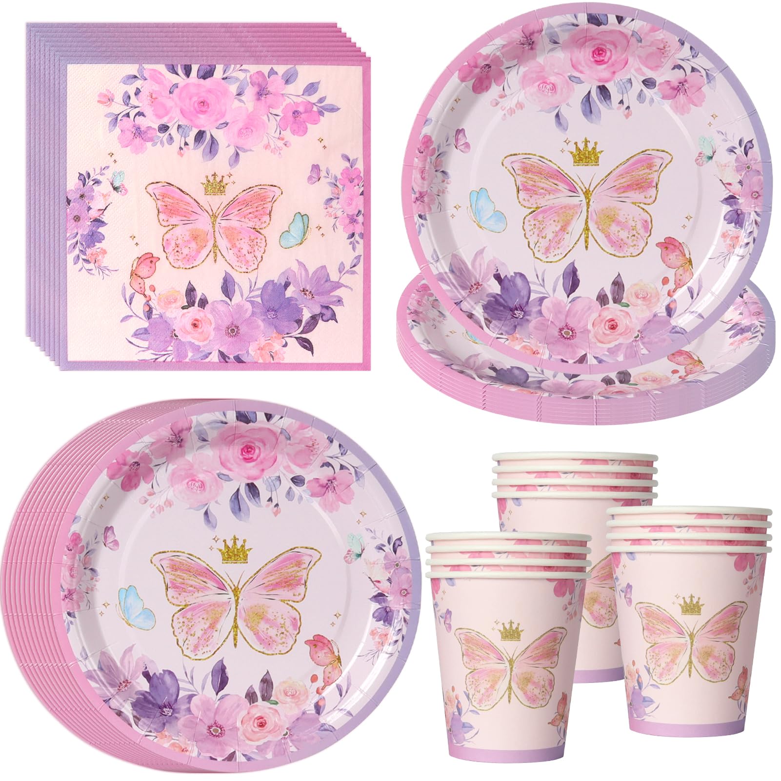 Set 52 pezzi tema farfalle lavanda Piatti, bicchieri e tovaglioli per decorazione compleanno magica con motivi floreali, per 16 ospiti