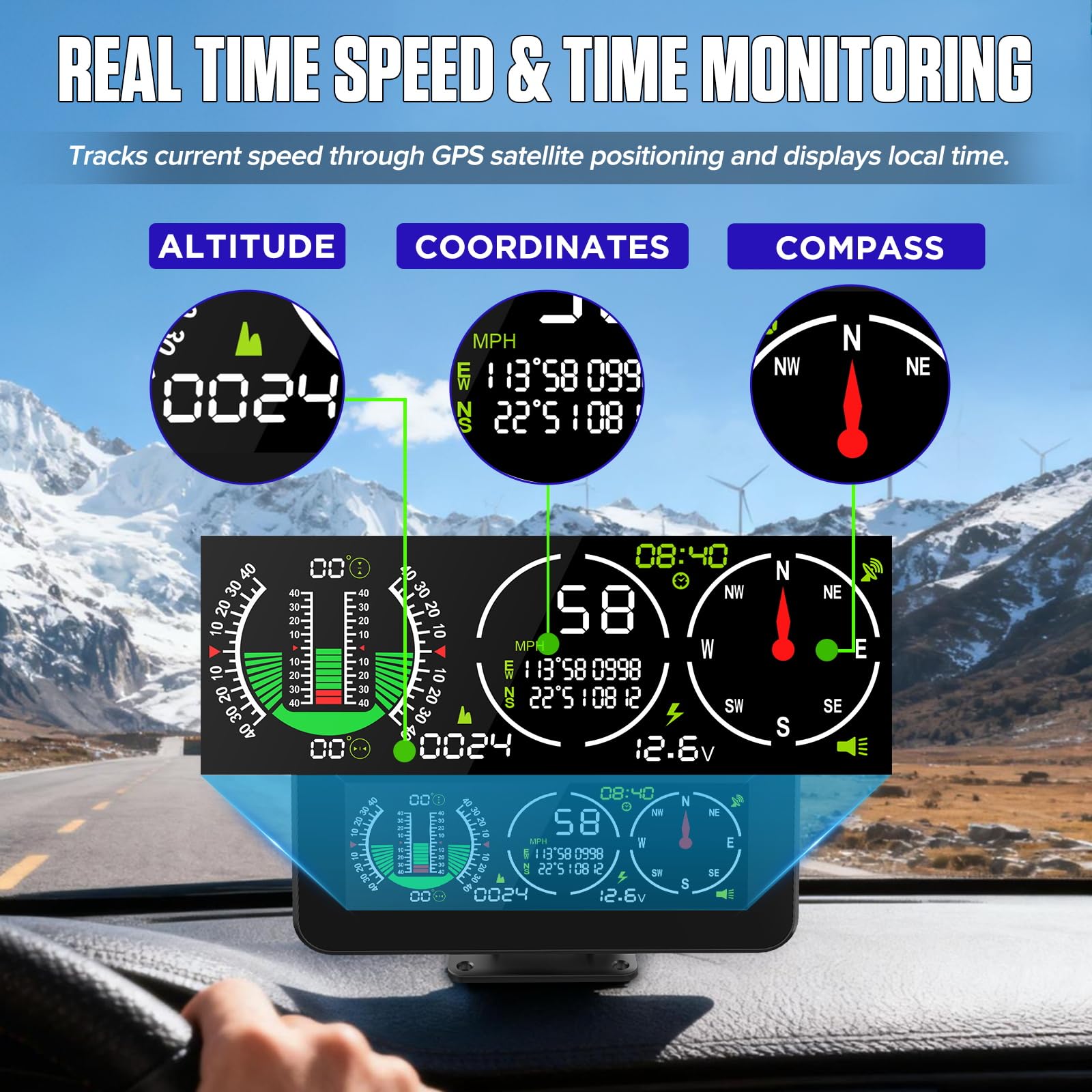 MR CARTOOL M60 Inclinómetro Digital Coche GPS Clinómetro Medidor Velocida Ángulo Inclinació Pantalla HUD Cuentakilómetros con Alarma de Exceso de Velocidad para Vehículos SUV Todoterreno DC10-30V