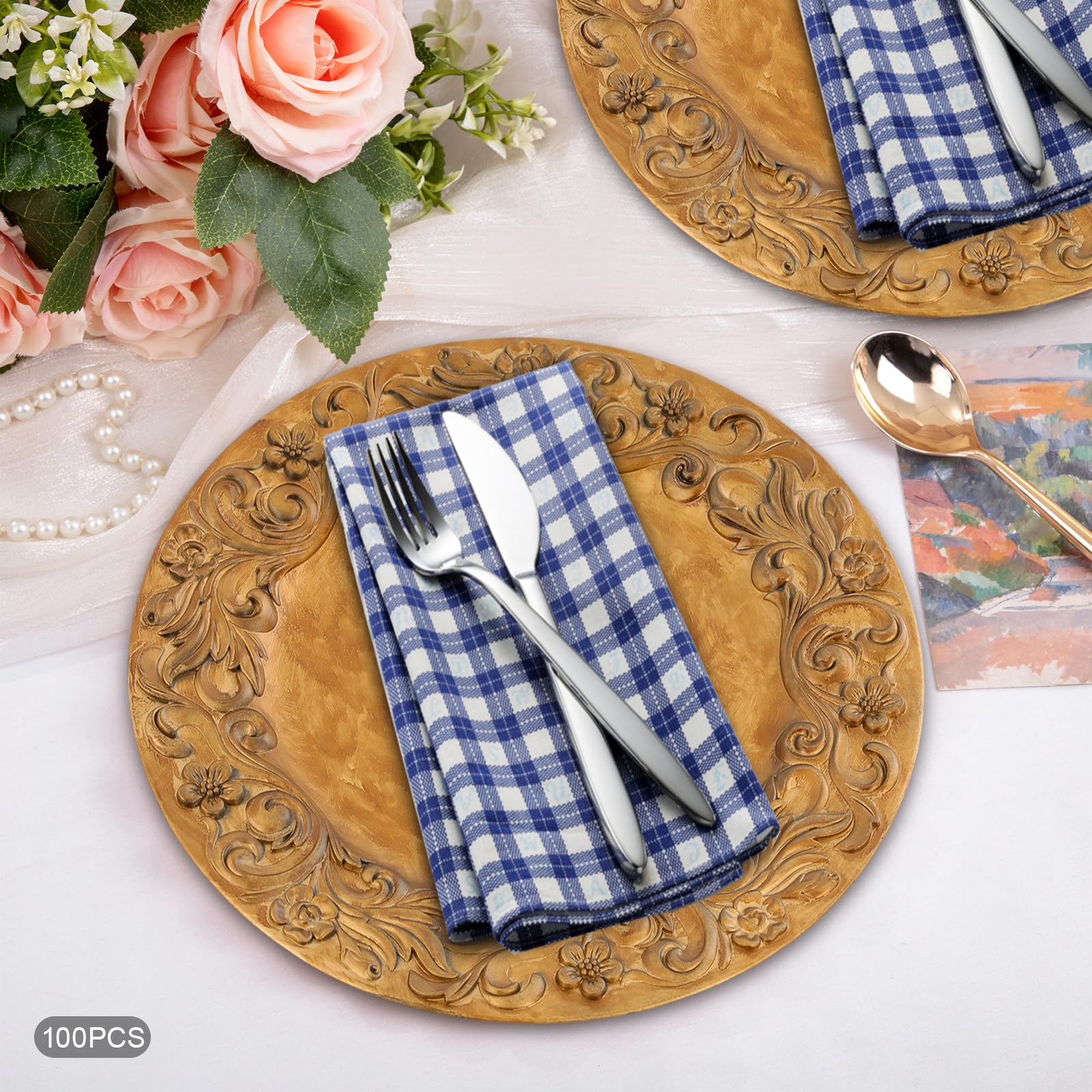 100 Stück Goldene Wiederverwendbare Platzteller, 33cm (Muster-C) | European Retro Einfarbige Unterteller, Runde Mehrweg Servierteller für Hochzeit, Party, Restaurant