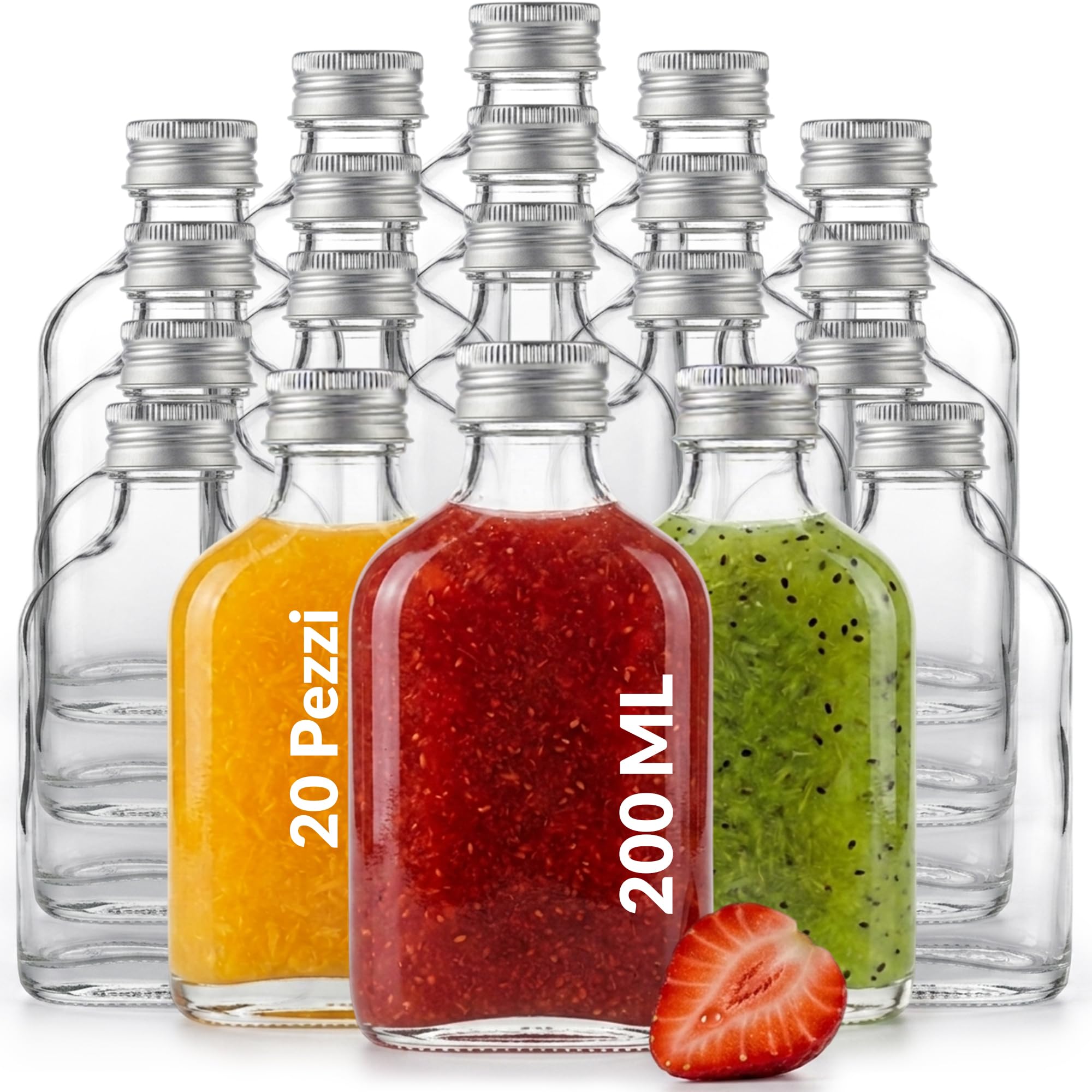 20 Fiaschette Vetro 200ml – Bottiglie Vetro 200 ml Piccole con Tappo a Vite – Bottigliette Trasparente Cristallo