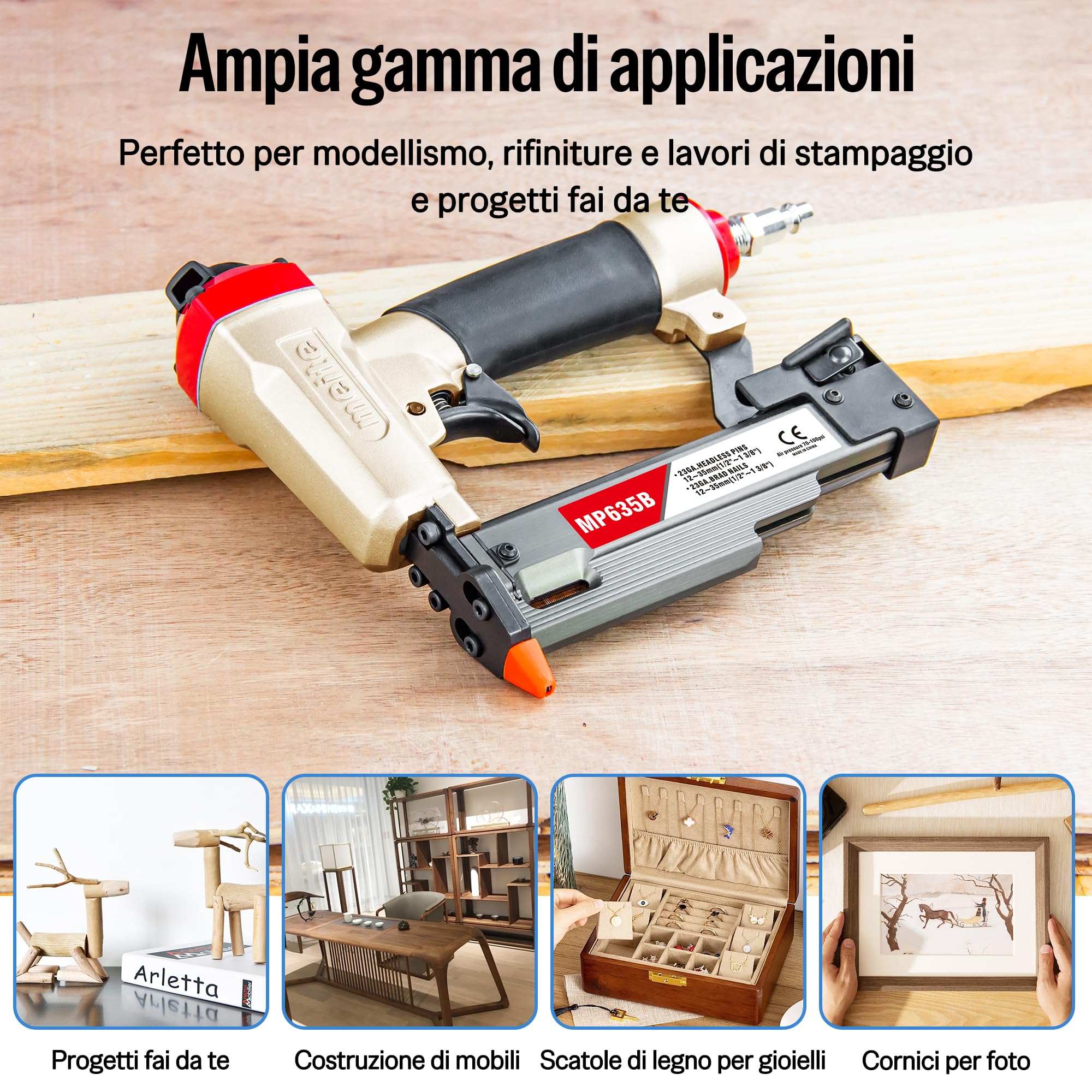 meite MP635B Chiodatrice Pneumatica a Spillo 23GA, Pistola ad Aria per Chiodi Micro da 12–35 mm, Ideale per Pannellature, Rifiniture Sottili, Modanature e Lavori di Artigianato