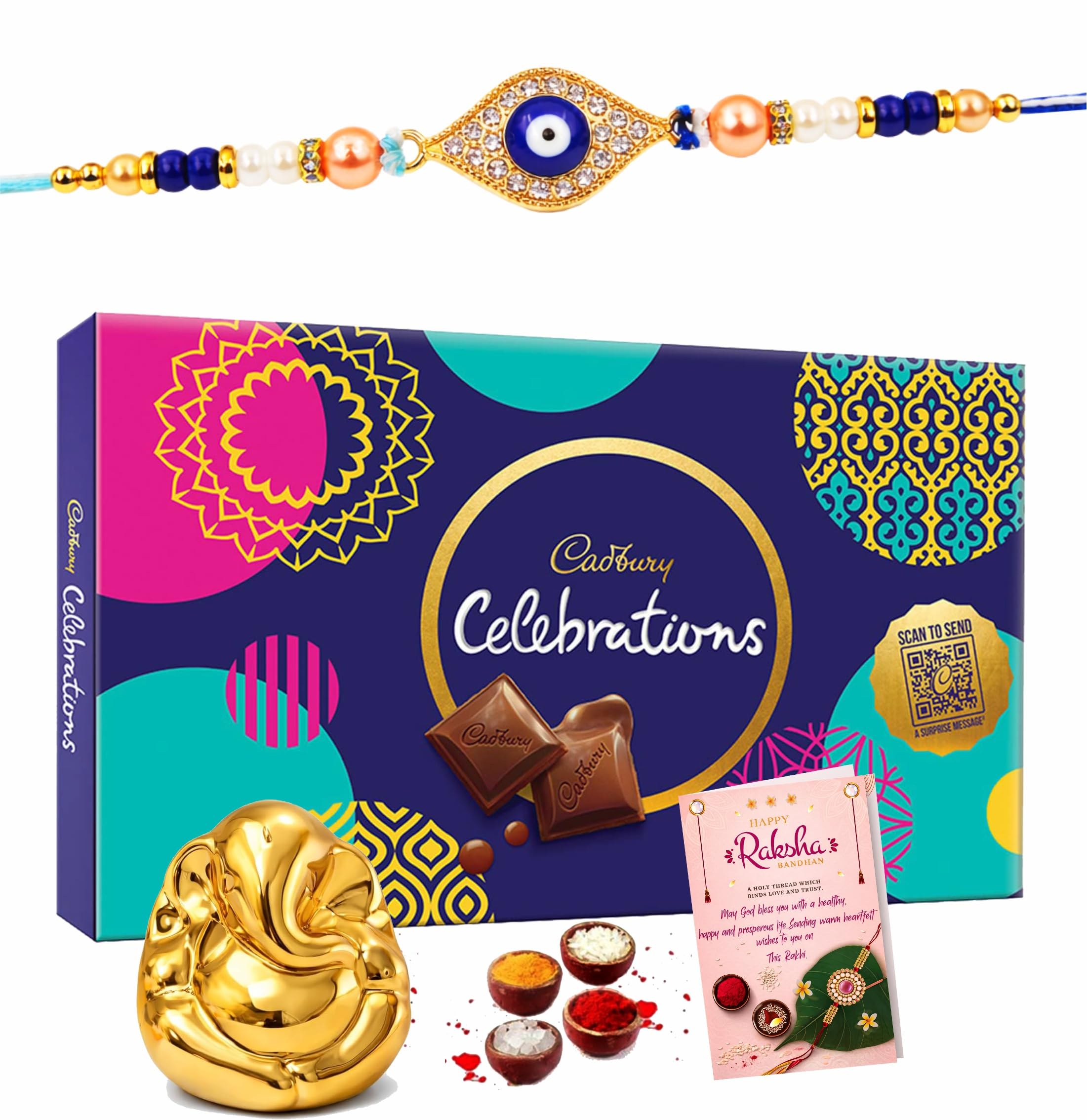 Evil Eye Rakhi Hamper for Brother-Celebration Chocolate Box,Glorious Rakhi,Elegant Ganesh Ji Gift,Tikka Set,Greeting Card-Rakhi Hamper for Brother with Gift-image-9