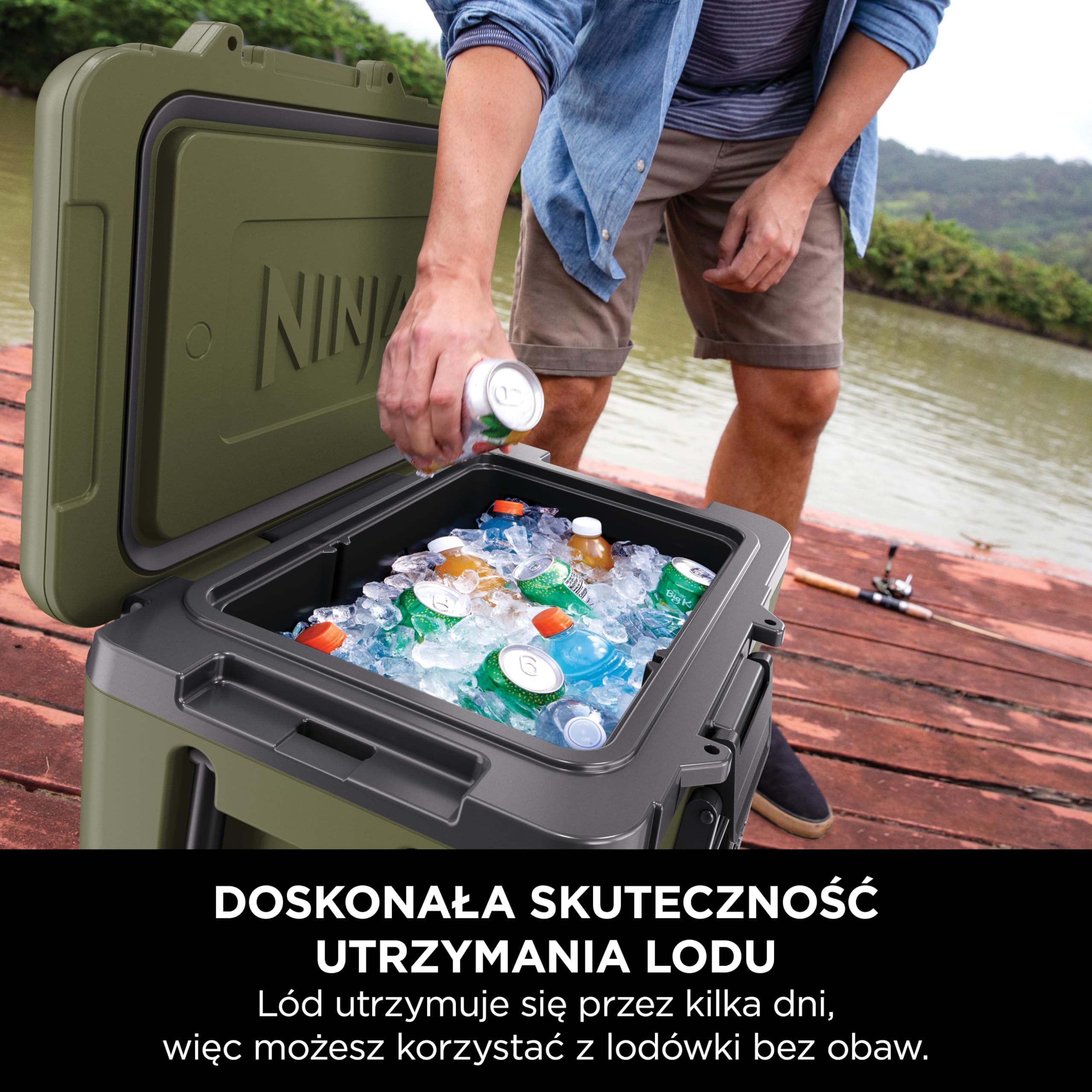 Ninja FrostVault Wytrzymały izolowany pojemnik chłodzący z butelką Ninja Thirsti i wkładem chłodzącym, wysokiej jakości lodówka na kółkach ze zintegrowaną do przechowywania, oliwkowy, FB245AMZEUUKGN
