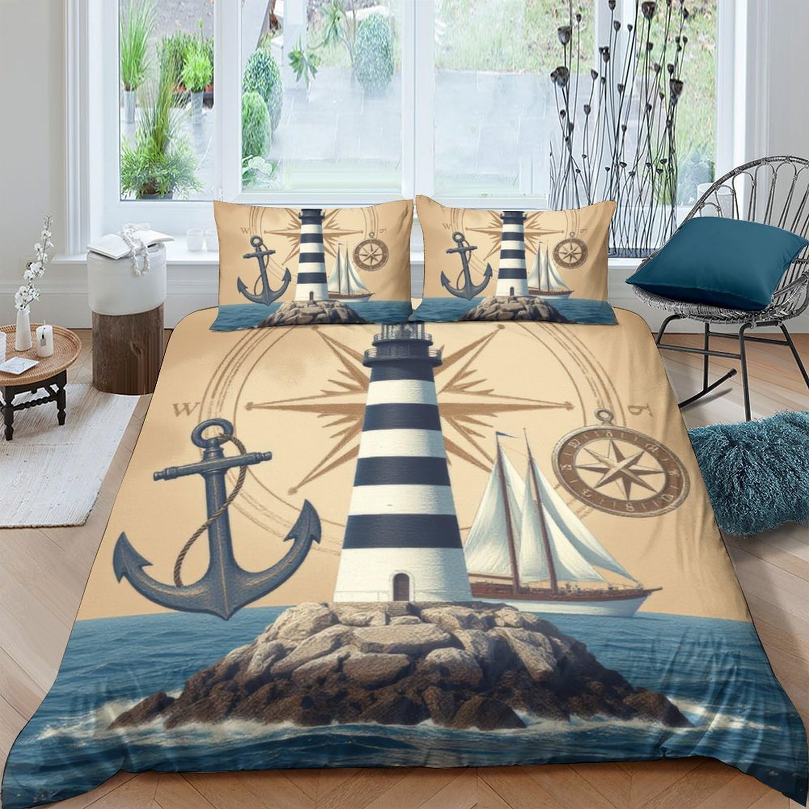 Ctjqhvkz Style-9 3D Printed Nautical Lighthouse Fitted Sheet Microfiber Soft Anchor Compass Bed Sheet For Bedroom Guest Room Decor Single（135X200cm）