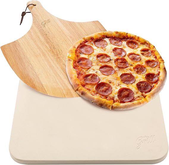 HANS GRILL PIZZA STONE | Rectangular Pizza Stone For Oven Baking & BBQ Grilling With Free Wooden Peel