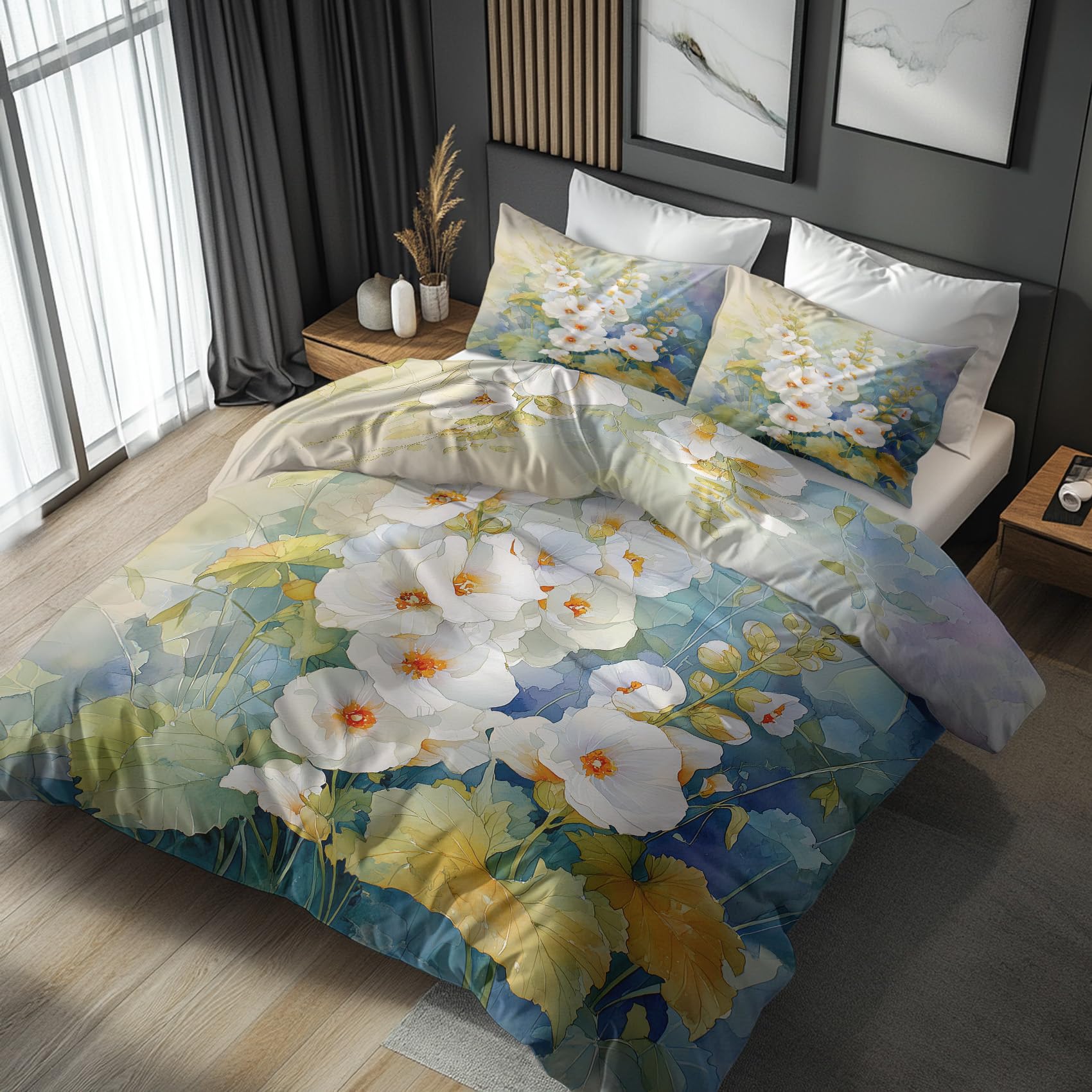 Super King Size Duvet Cover Sets, White Floral Duvet Cover & 2 Pillowcases, 3 Piece Modern Countryside Flower Reversible Bedding for Bedroom Decor, Ultra Soft Microfiber, with Zip -b356