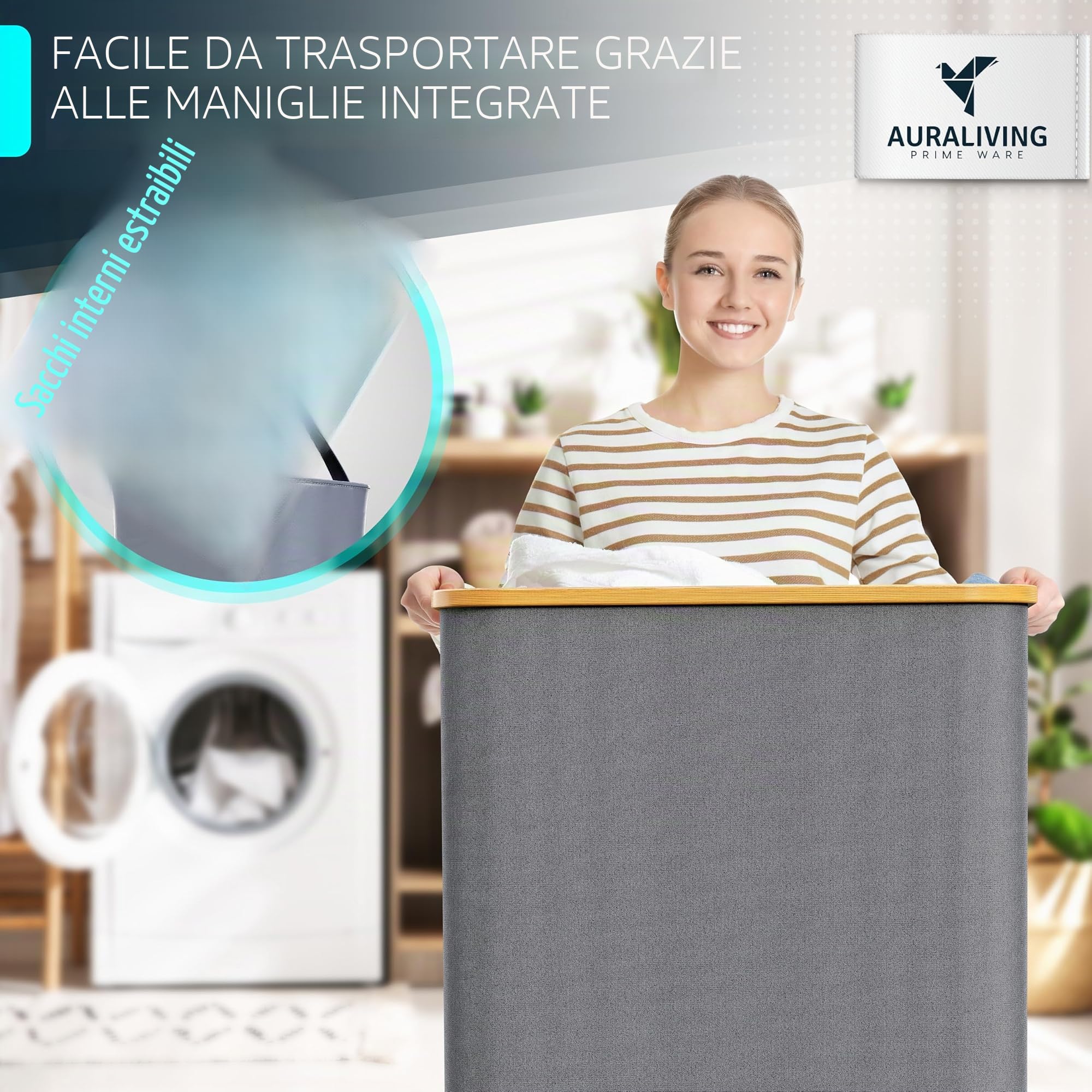Auraliving, cesto portabiancheria a 3 scomparti, 160 l, con coperchio, telaio in bambù e anelli in metallo stabili, pieghevole, sottile e con 3 sacchetti rimovibili e lavabili, colore: grigio