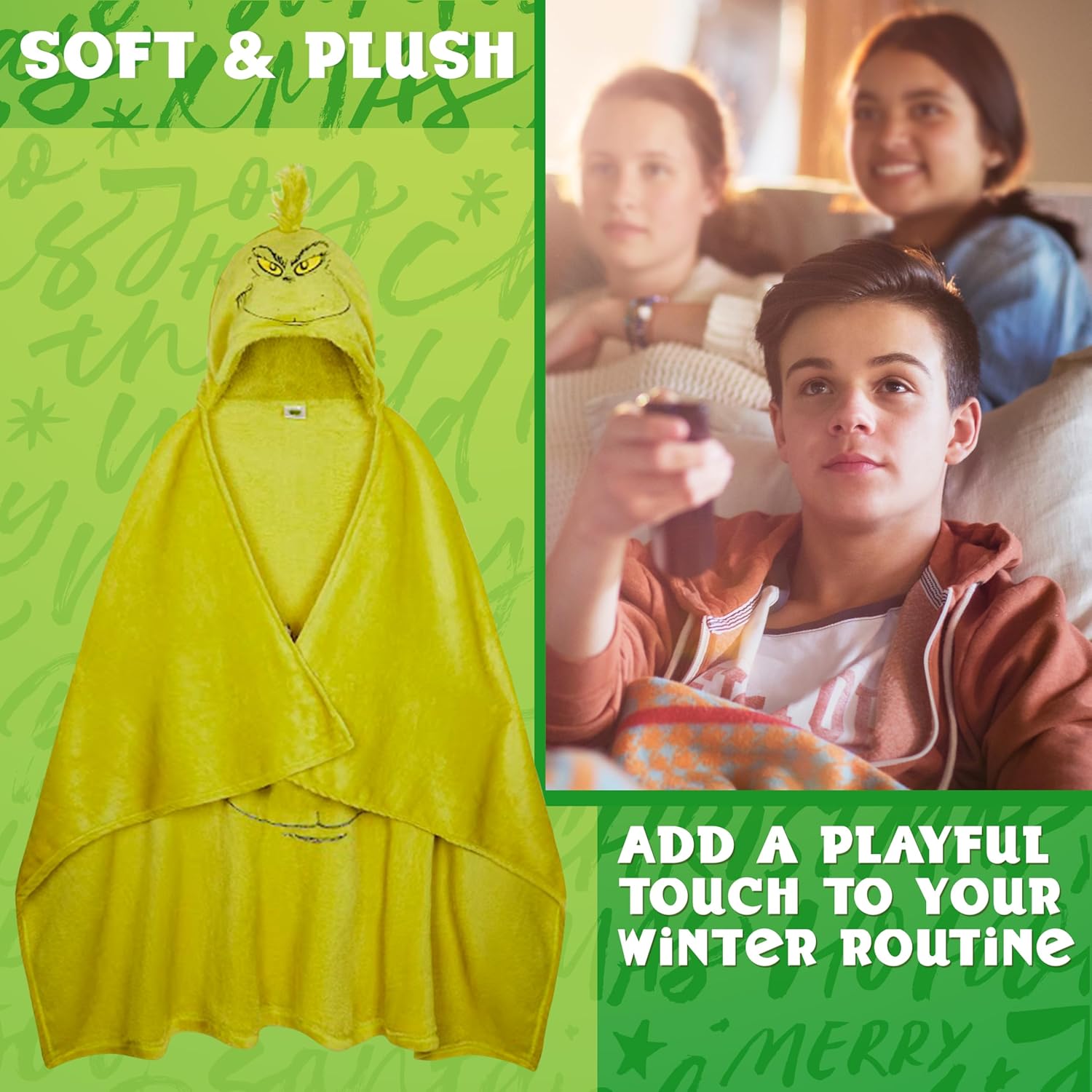 The Grinch Hooded Wearable Blanket, Soft Hooded Fleece Christmas Throw Blanket, Warm Cozy & Lightweight Loungewear Throw, Secret Santa Xmas Gifts (Green Hood)