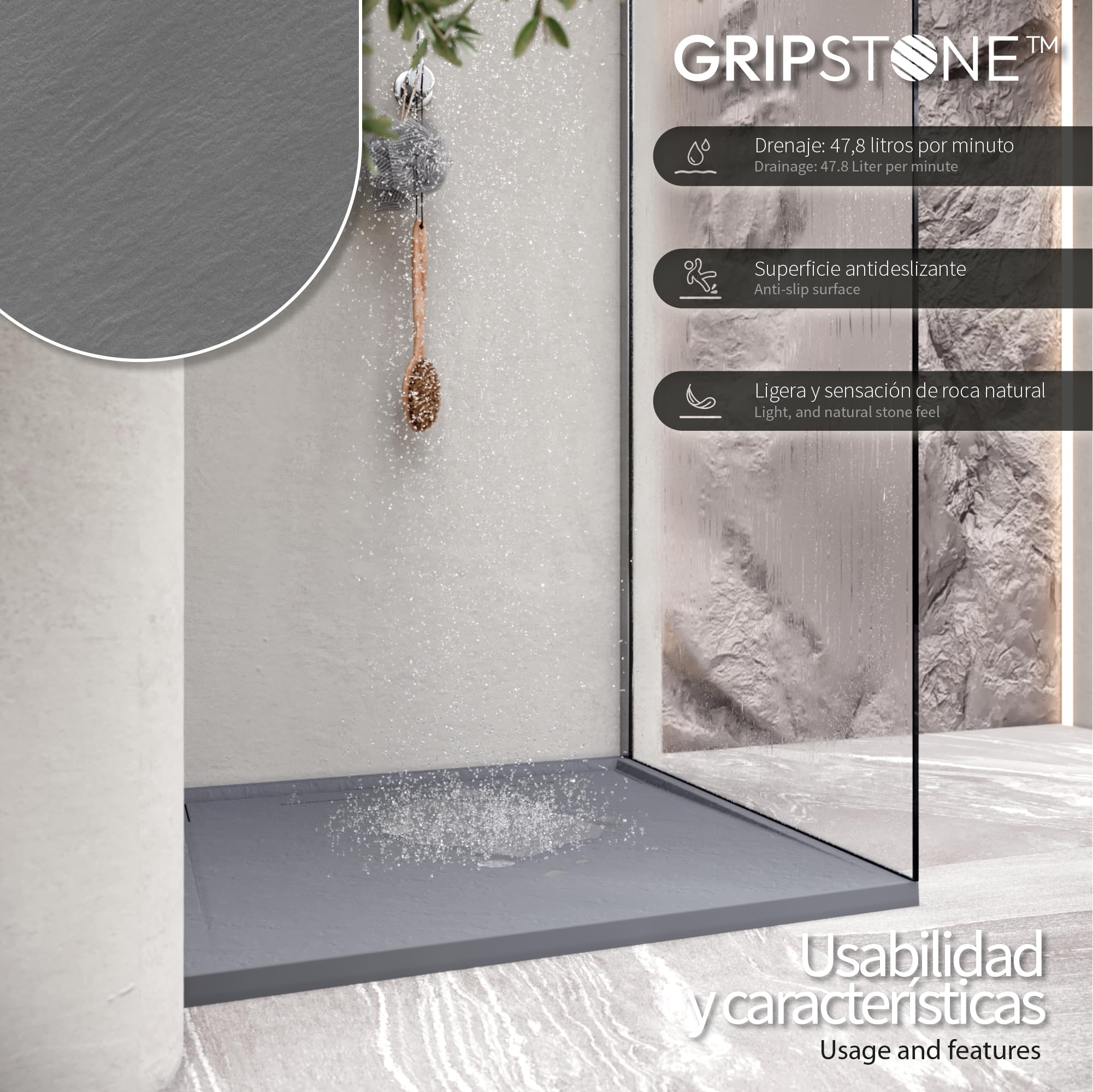 Plato de ducha SMC Hiemal 100x100 cm |Moments of Glass | Gris RAL 7030 – Antiderrapante, Textura Pizarra, Antibacteriano, Resistente a agentes químicos – Incluye válvula y rejilla