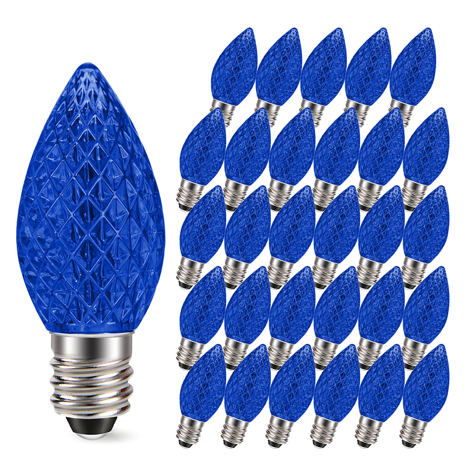 Ruiandsion 30 PCS C7 LED Christmas Blue Replacement Bulbs, Diamond Faceted Shatterproof PC Cover, 0.6W 220V E12 Candelabra Base for Indoor & Outdoor Decorative