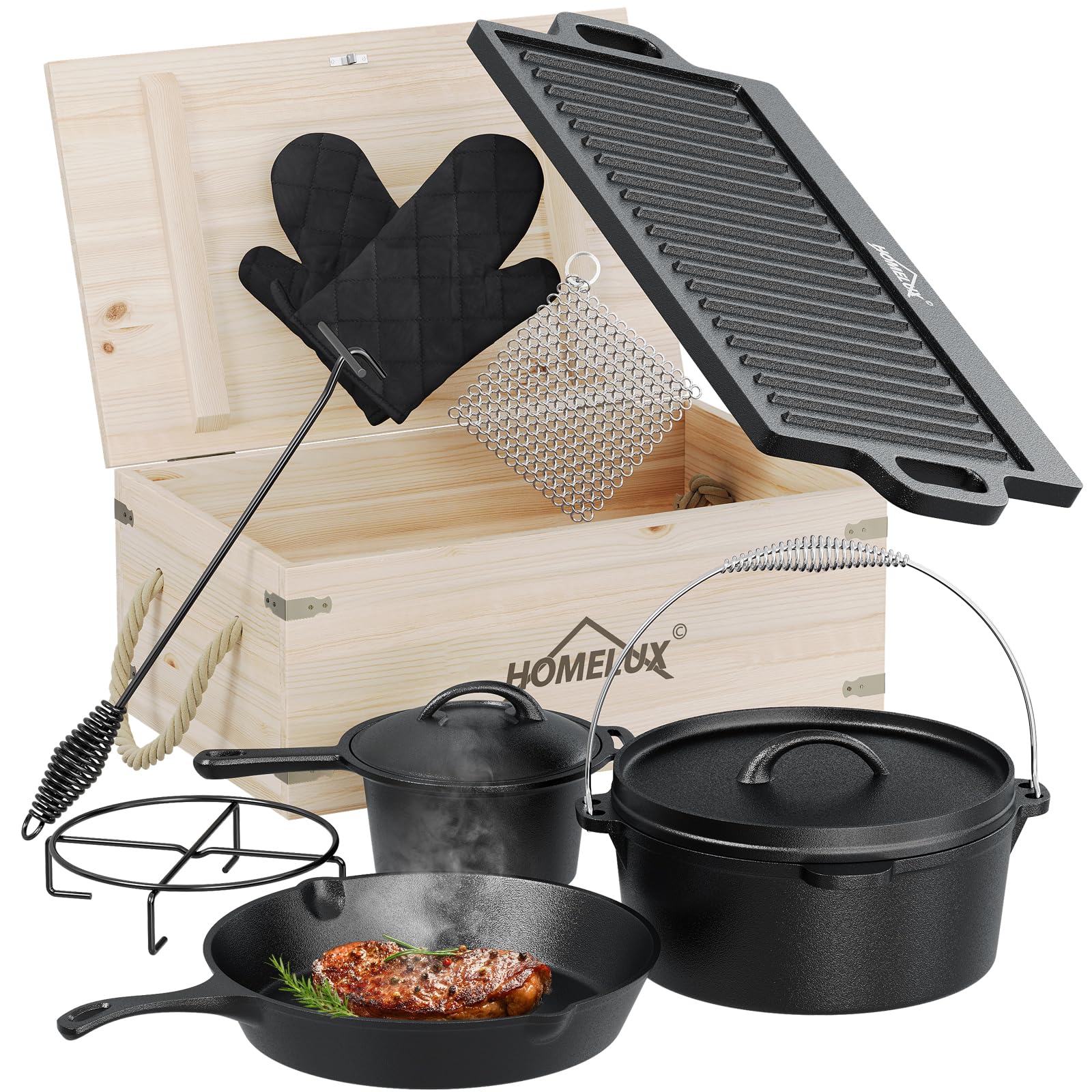 HOMELUX Dutch Oven Set 10-teilig | Gusseisen Camping Kochgeschirr Set mit Grillplatte, Feuertopf, Pfanne, Deckelheber, Untersetzer & Zubehör | Geeignet für Outdoor Grill & Hausküche