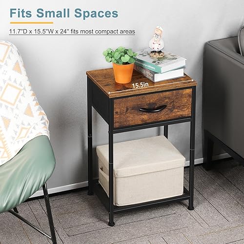 Miniatura 8 de Juego de 2 mesitas de noche, mesas auxiliares industriales para dormitorio, mesitas de noche retro con cajón de tela y estante de almacenamiento,