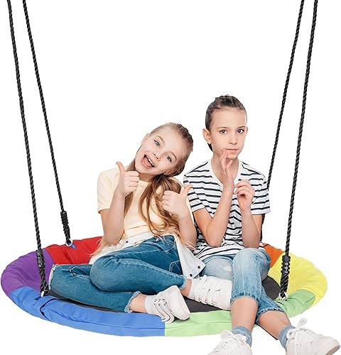 SUPER DEAL Juego de columpio de árbol de platillo de 40 pulgadas para niños, asiento de columpio volador arcoíris de 800 libras con cuerdas