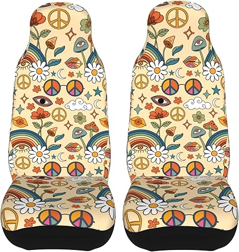 70s Psychedelic Mushroom Car Seat Covers Front Seats Only, Universal Fit for Car Truck Van and SUV Automotive Seat Covers, Black, 2 Piece