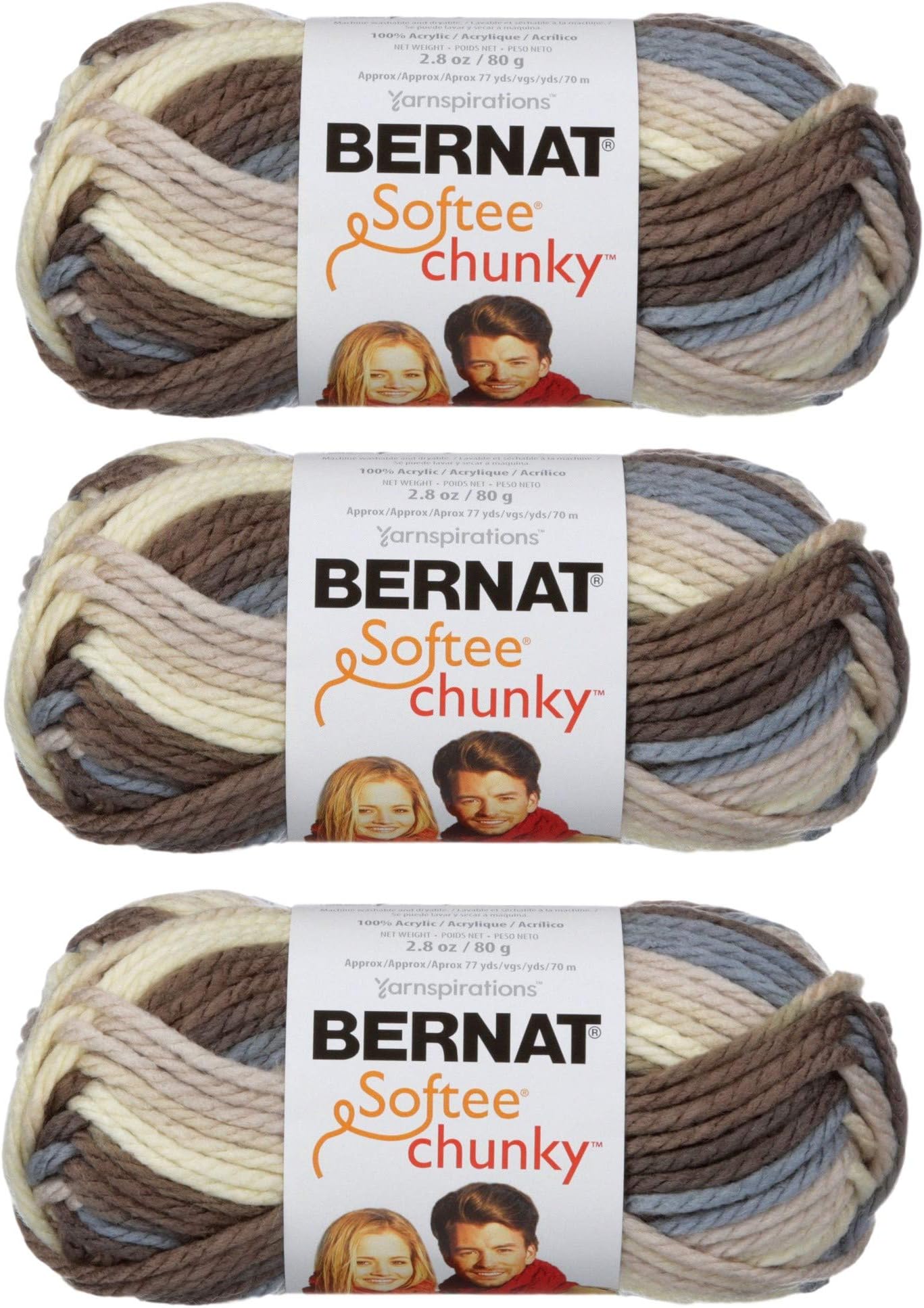 Bernat Softee Chunky Yarn Bundle Super Bulky Number 6, 3 Skeins (Natures Way Ombre)