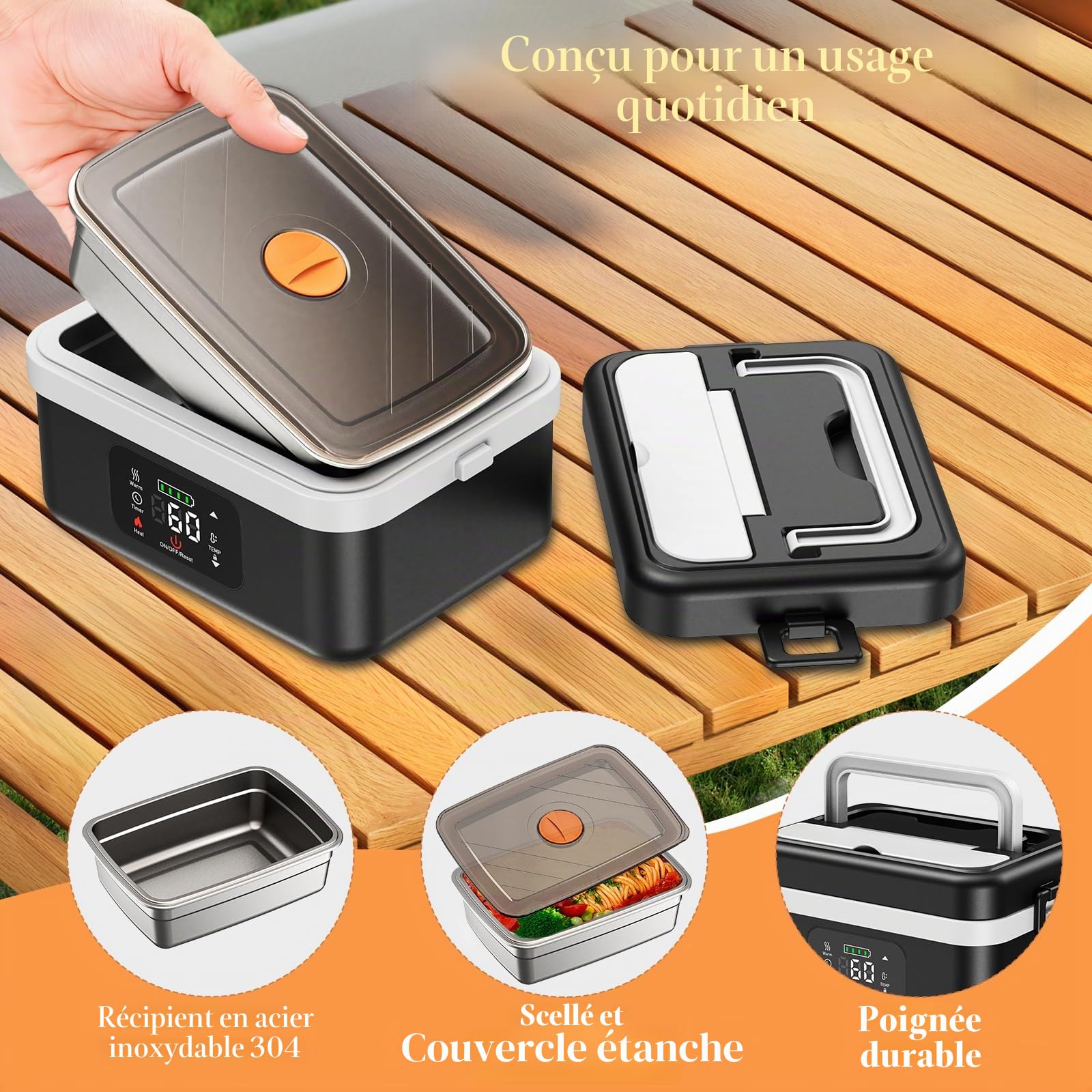 Gamelle Chauffante, Electrique Lunch Box Chauffante 1L Rechargeable, Boite Chauffante Repas Portable à Chauffage Rapide,Acier Inoxydable, Boite Chauffante Repas pour Voyage et Bureau