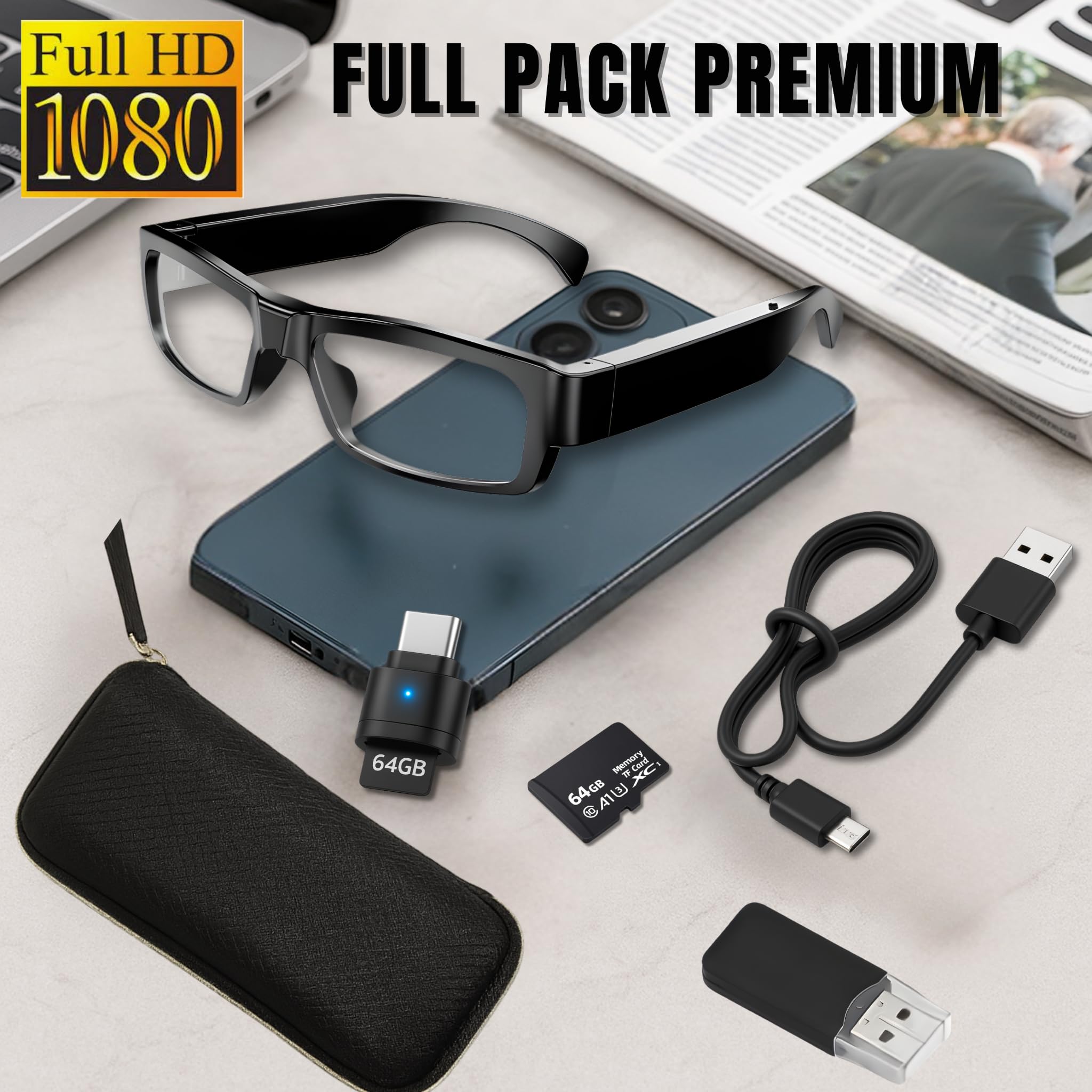 Mini Camara Espia Oculta Camuflada, Gafas con Camara Sin AGUJERO DE LENTE, FULL PACK (MicroSD 64GB C10 + Lector + OTG Type-C para Ver en el Móvil + Funda), Sin LUZ DE GRABACIÓN, Grabación en Bucle.
