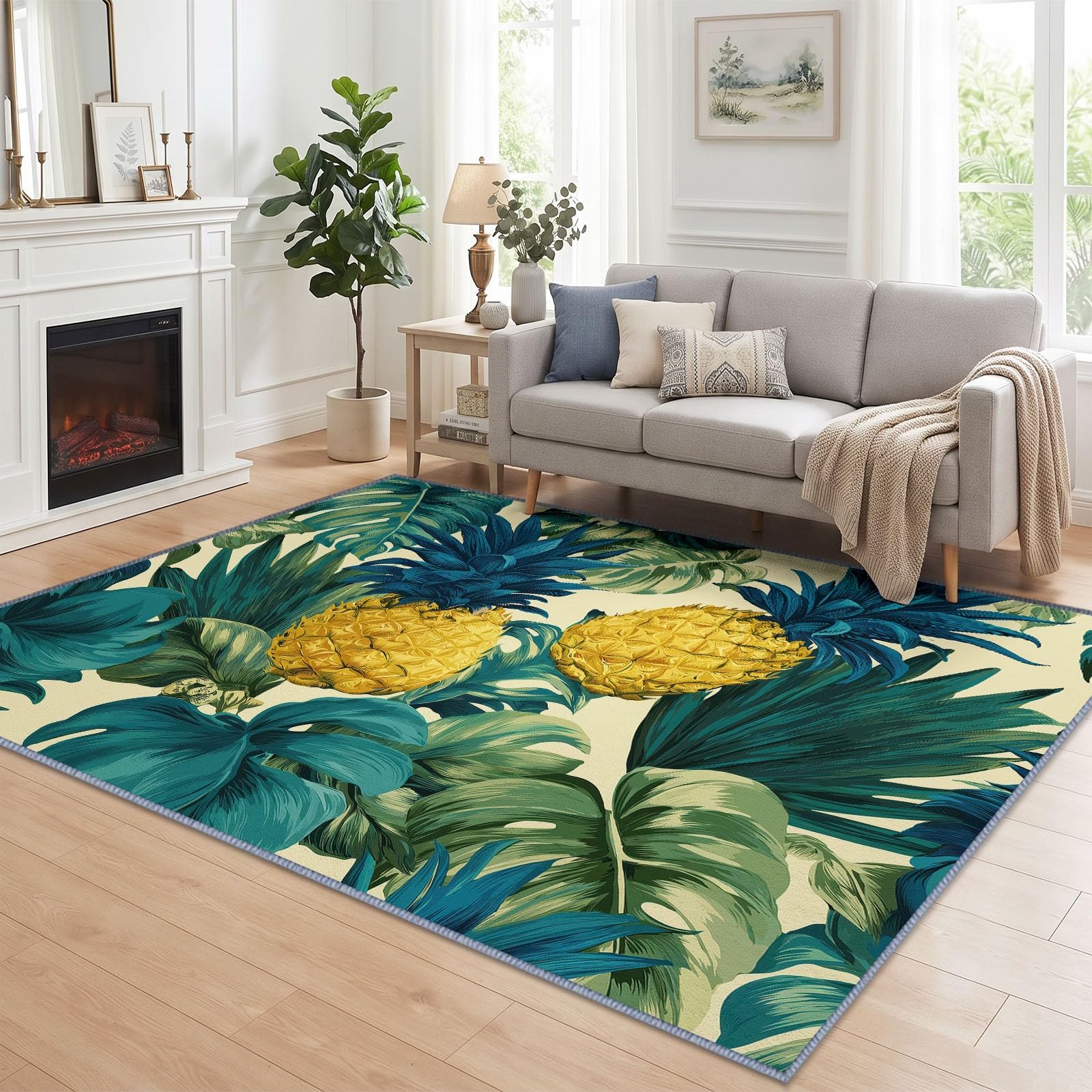 Alfombra lavable botánica tropical, 140 x 200 cm, para salón, frutas, piña, hojas de palma, antideslizante, suave, para dormitorio, comedor, oficina