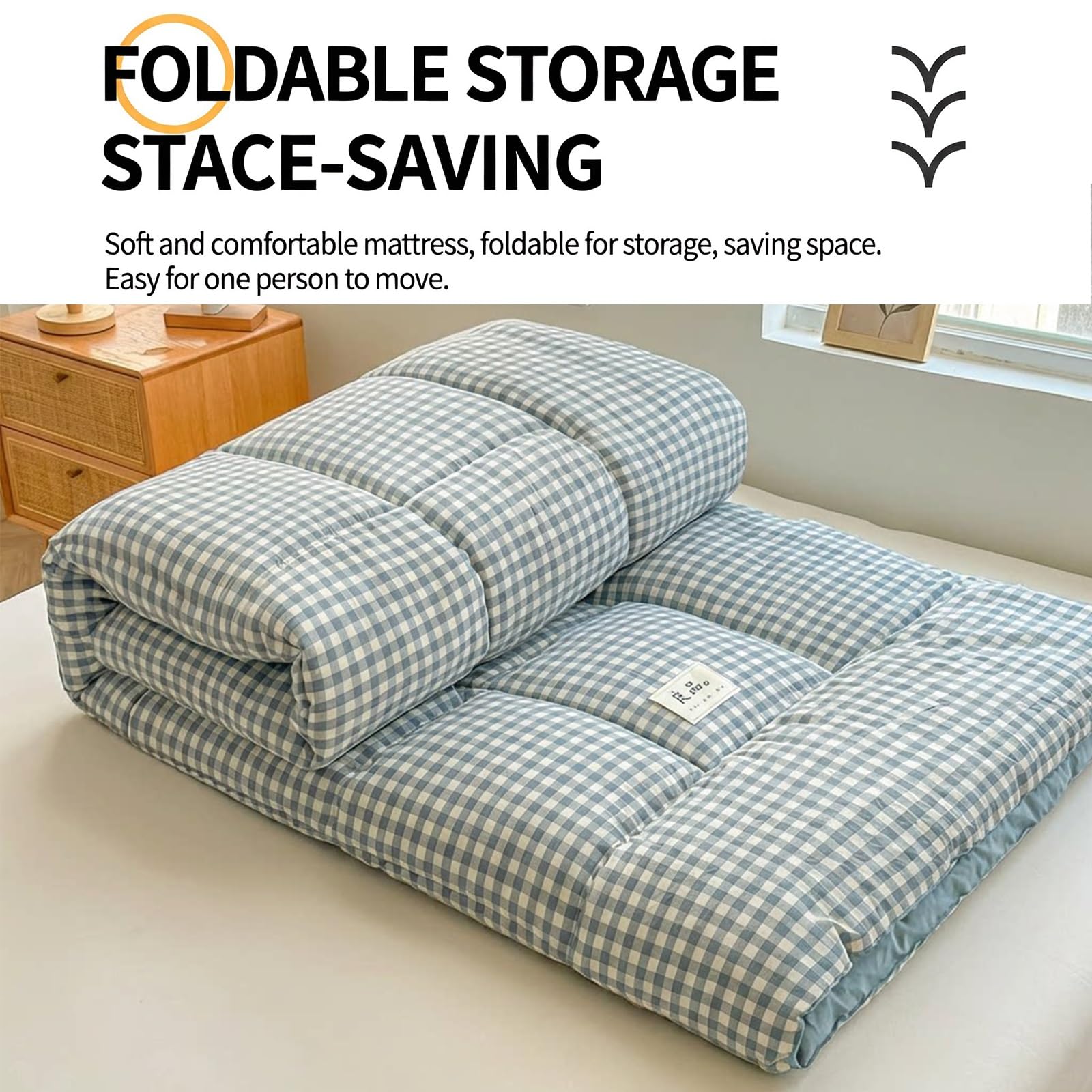 Generico Plaid Duvet Cotone Materasso da Pavimento, Materassino Pieghevole per Ospiti, Portatile Arrotolabile per Campeggio, Cloud Fabric Gingham Design Letto(Gray,180 * 200cm)