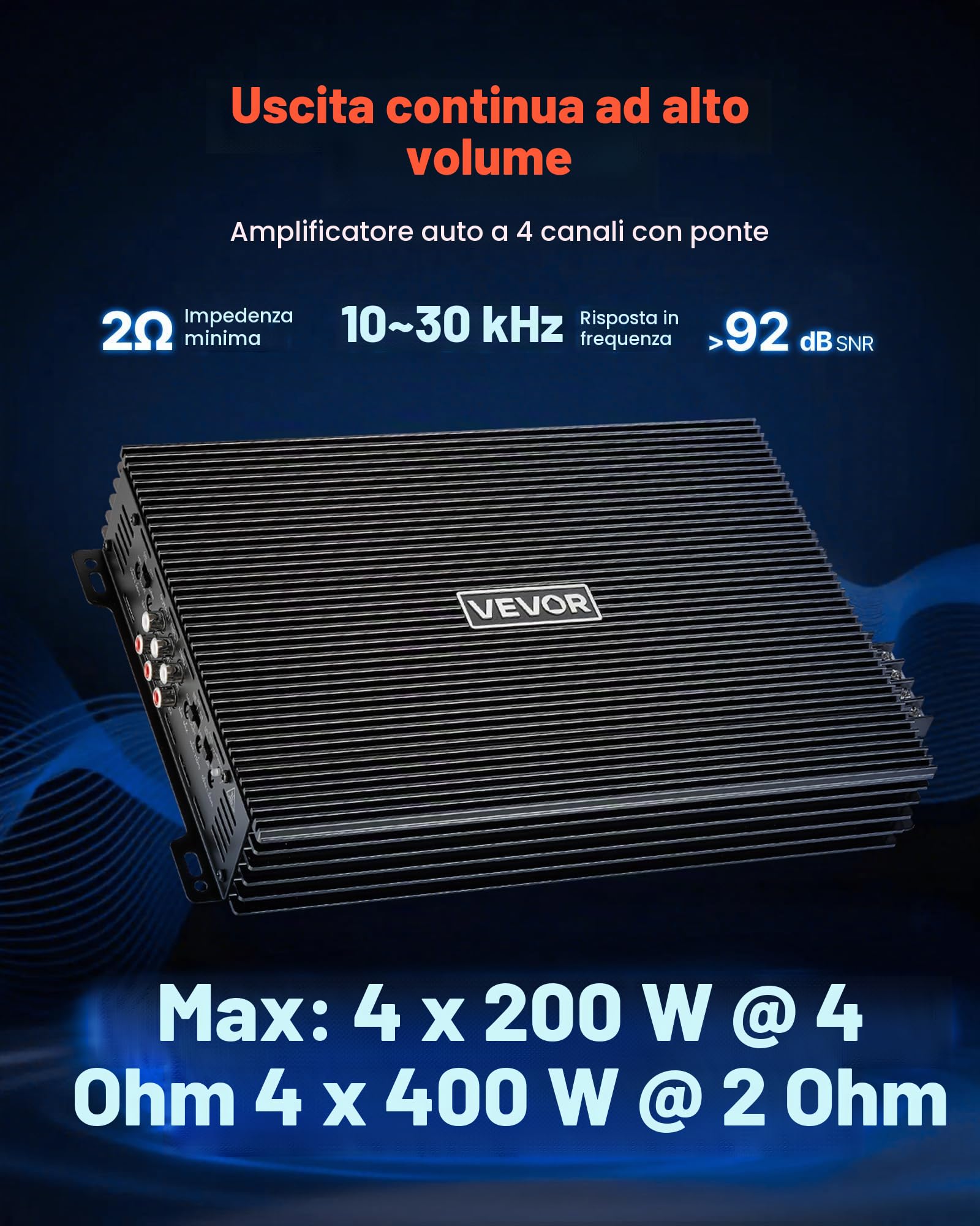 VEVOR Amplificatore Audio per Auto a 4 Canali di Potenza a Ponte Classe AB max. 4x200 W a 4 Ohm/4x400 W a 2Ohm, Amplificatore Audio Multicanale per SUP Pick-Up Tensione Nominale 14,4V CC