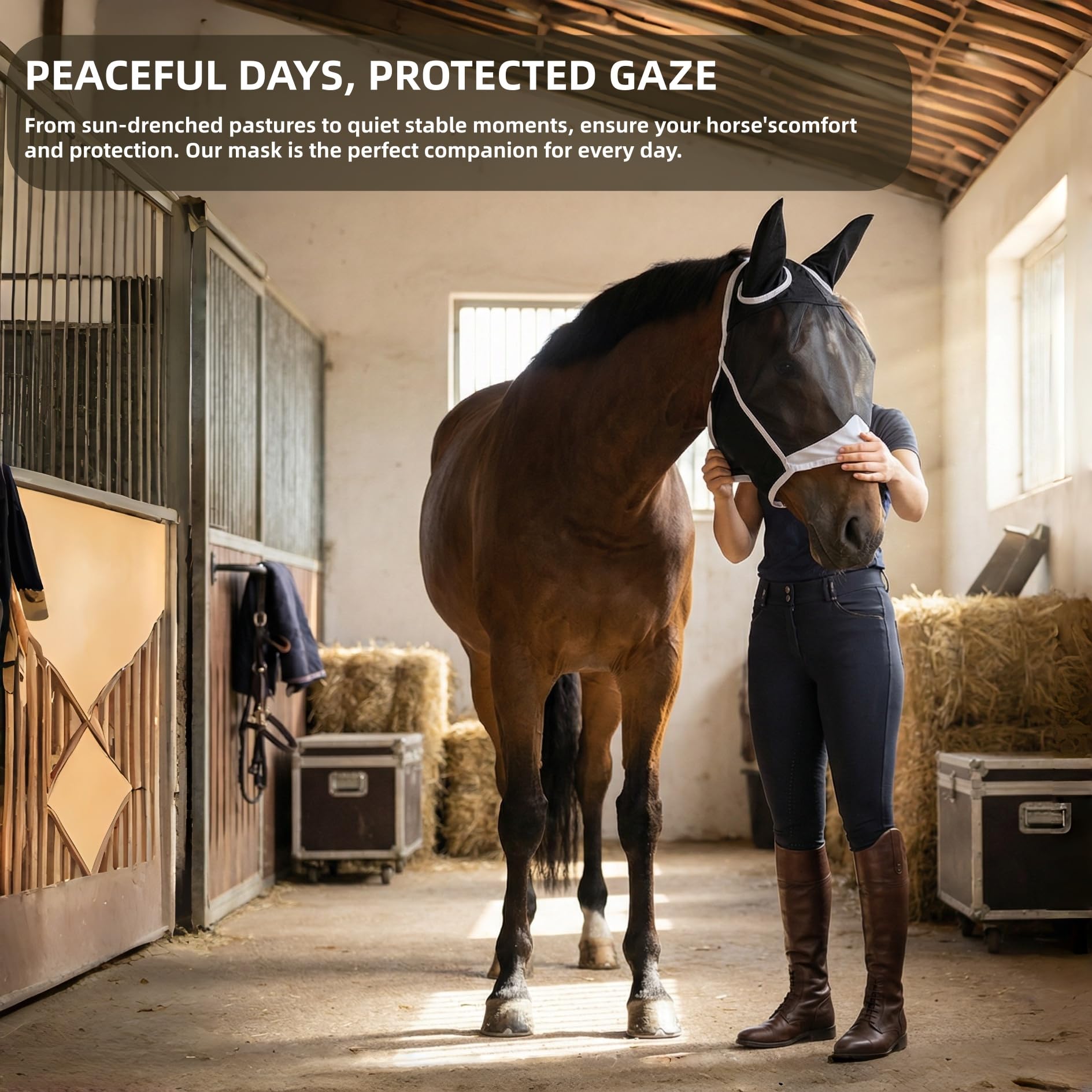 Masque Anti Mouche Cheval Noir avec Oreilles One Piece, Protection Anti-Tau pour Chevaux (L)