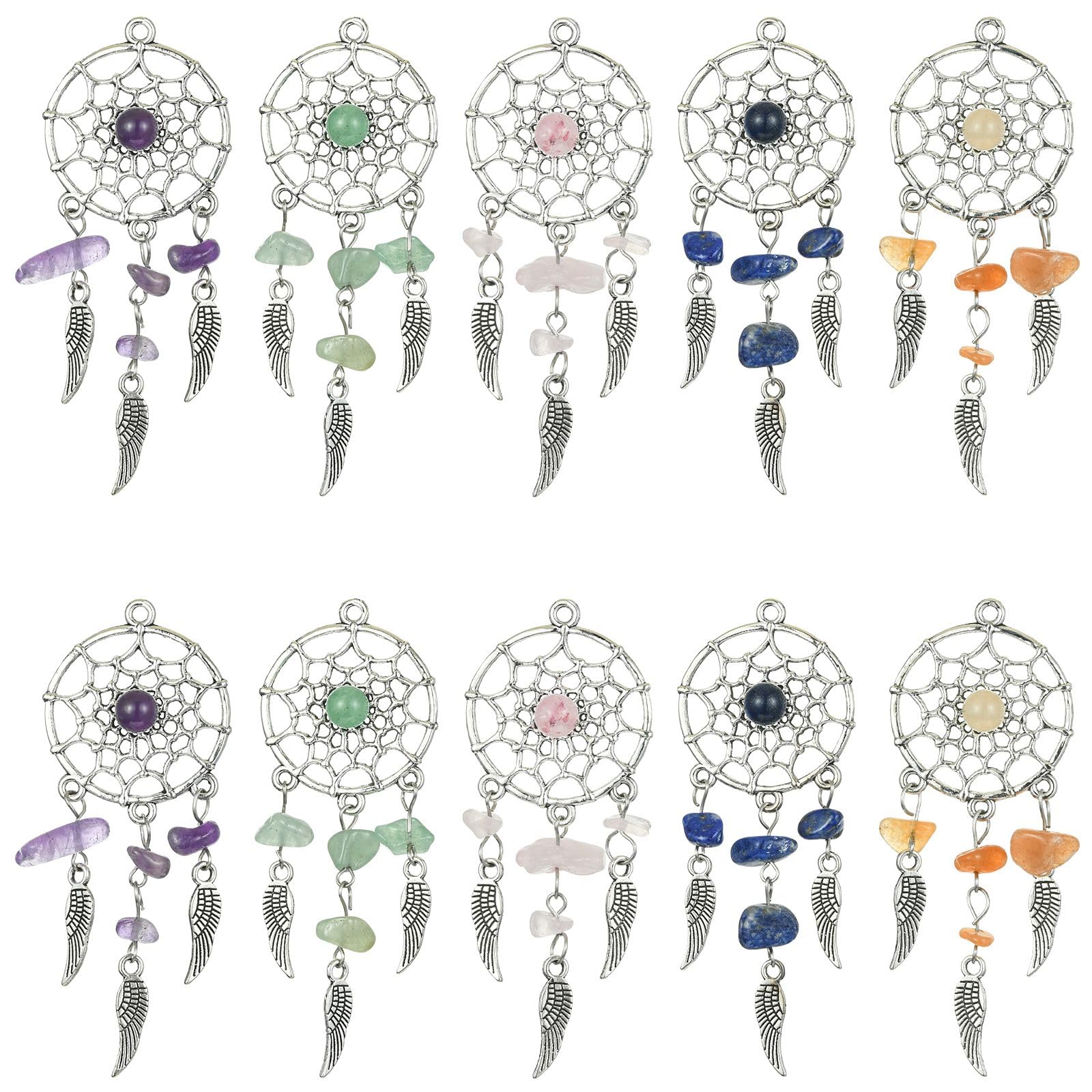 UR URLIFEHALL 30 Pcs 5 Styles Dangling Dream Catcher Charms Antique Silver Woven Net Web with Feather Charms for Keyring Jewellery Making