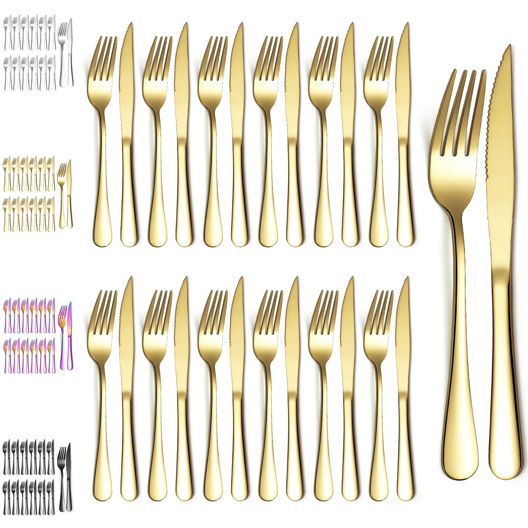 Evanda Gold Steak Knives Set 24 Piece, Gold Titanium Plating Stainless Steel 12 Dinner Forks and 12 Dinner Knives Set, Steak Knives Steak Forks, Dishwasher Safe