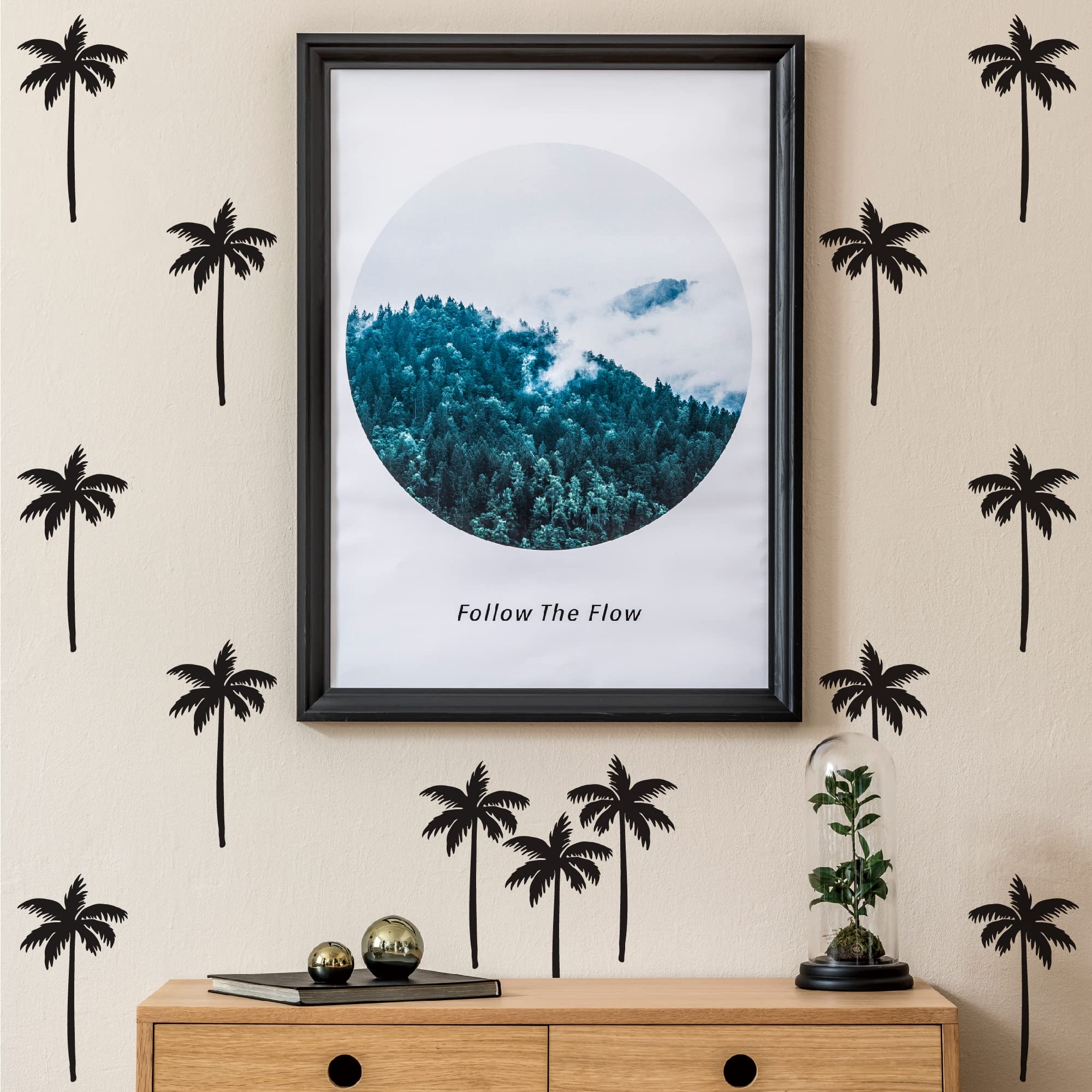 A Room with Black Vinyl Palm Tree Wall Decals, Peel and Stick Modern Wall Stickers for Nursery Kids Room, Bedroom Living Room Home Wall Art Decor