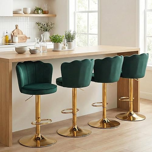 Miniatura 11 de Taburetes de bar giratorios de altura de barra, juego de 2 taburetes de bar tapizados ajustables de terciopelo con respaldo/base dorada para isla de
