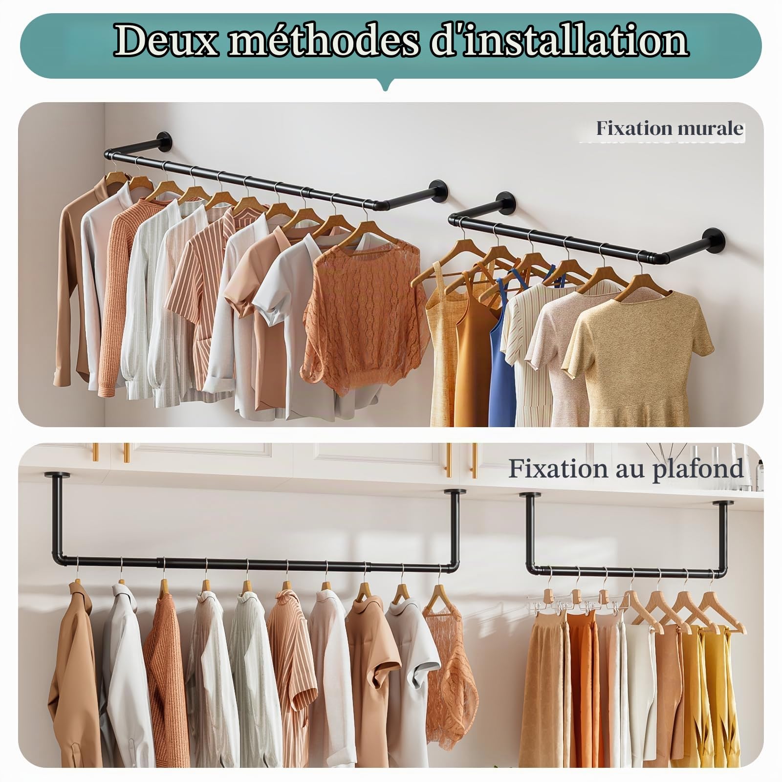 Tringle Vêtement Murale Lot de 2 Extensible Porte Vêtements Mural Industriel 111.5cm Portemanteaux Muraux Multifonction Barre Dressing pour Salon Chambre Gain de Place en Métal