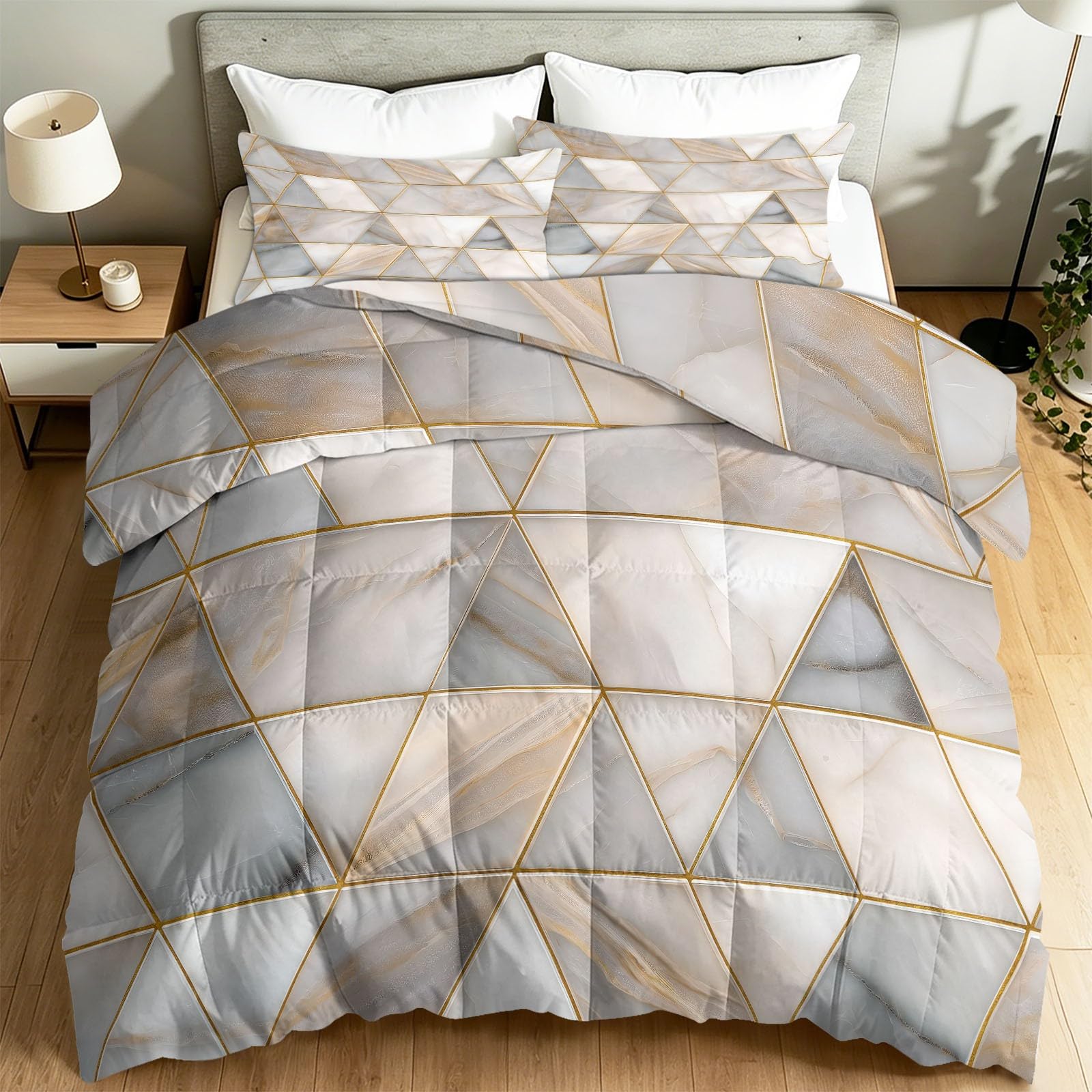 Copripiumino singolo senza copripiumino, design moderno e lussuoso, motivo geometrico a triangolo, reversibile, con federa abbinata, lavabile in lavatrice e ipoallergenico, grigio oro, 135 x 200 cm