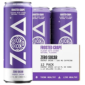 ZOA Zero Sugar Energy Drinks - Frosted Grape | Healthy Energy Formula with Natural Caffeine, Daily Vitamin C, Essential B-Vitamins | Gluten-Free, Keto Friendly | 12 Ounce Cans Pack Of 12
