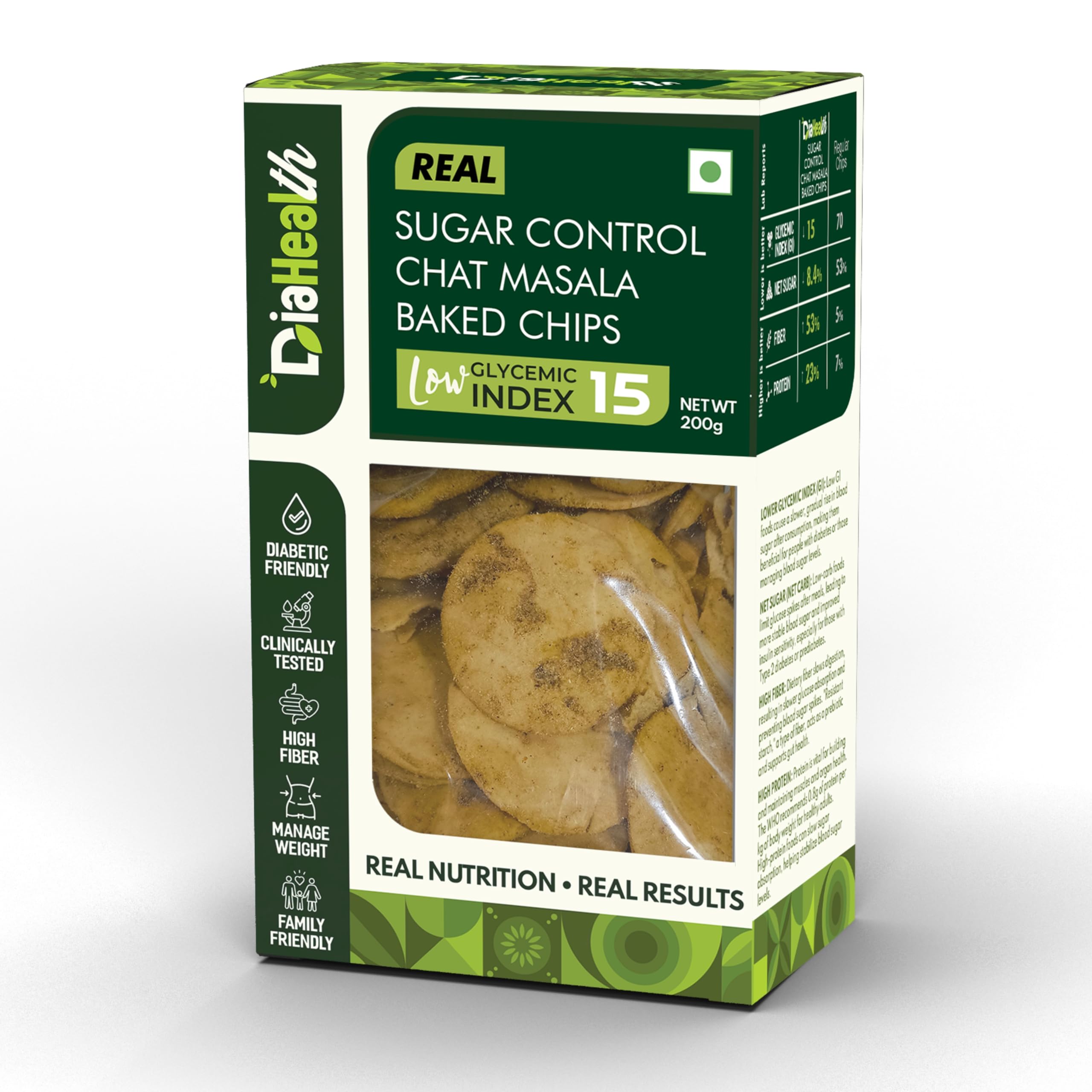 Diahealth Diabetic Care Chaat Masala Baked Chips, 200 Gms, 1 Pack, Low Glycemix Index (15) & High Protein/Serv, Taste Just Like Regular Chips, Low Carb, Pre-Biotic High Fibre, For Diabetics And Diet-image-2