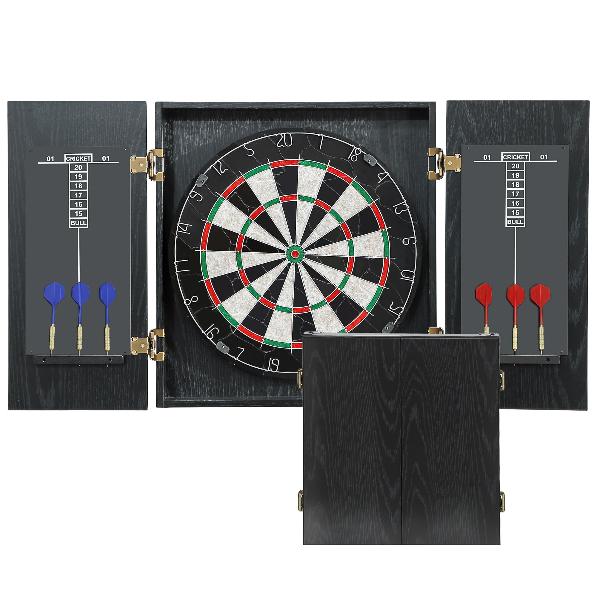 SPORTNOW Professional Bristle Dartboard Set with Wood Cabinet, 6 Steel Tip Darts, Dart Board with Scoreboards for Adults for Indoor Home Game Room, Black