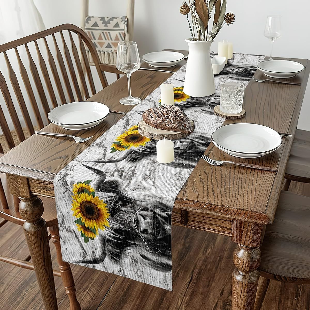 Erosebridal Highland Cow Table Runner 13x108, Sunflower Cattle Table Runners, Cow Flower for Living Room Bedroom, Gray Yellow Green Wildlife Farmhouse Animals Marble Rectangular Runner