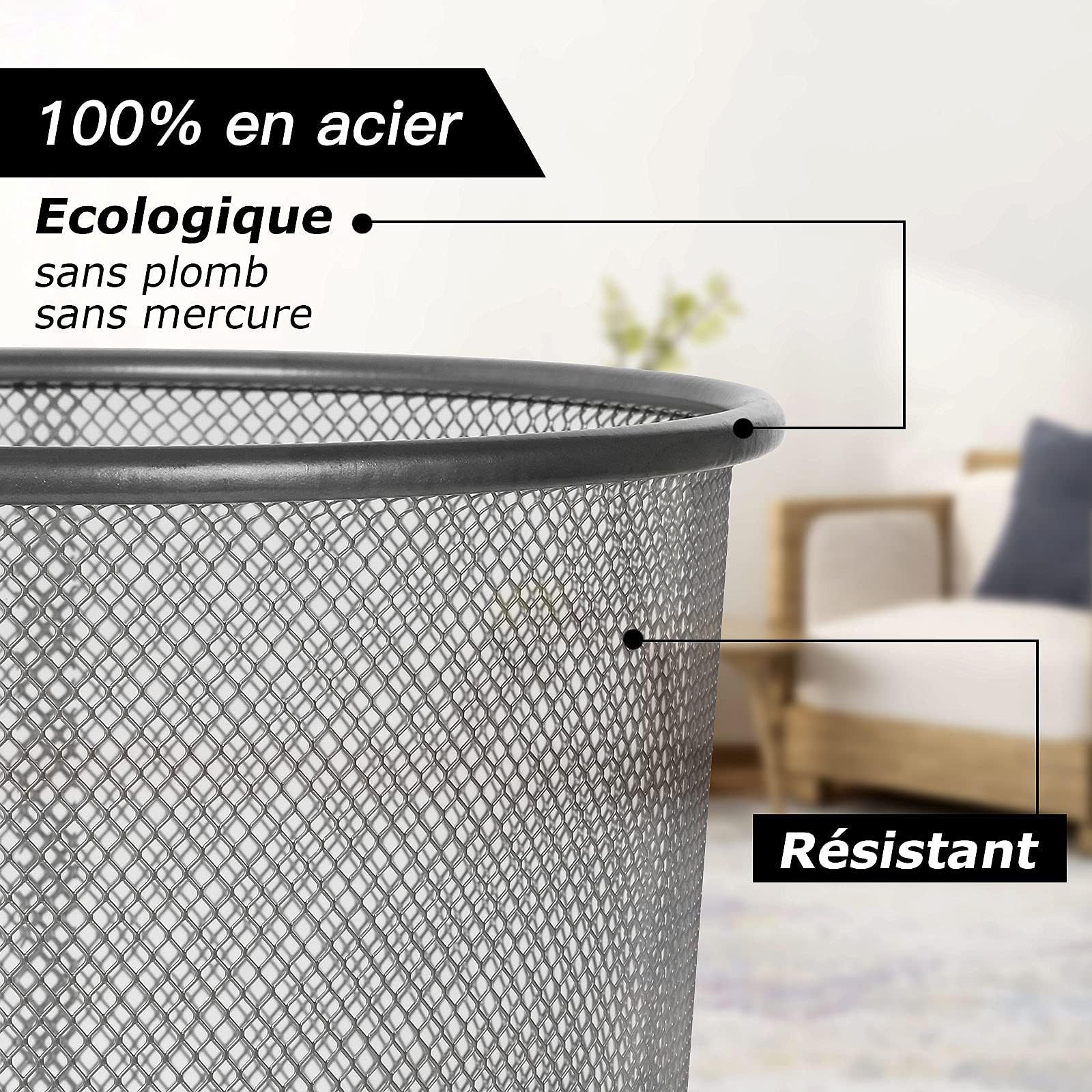 Lot de 3 Poubelle Métal Maille 12 Litres, Corbeille à Papier en Acier Inoxydable pour Bureau - Argent