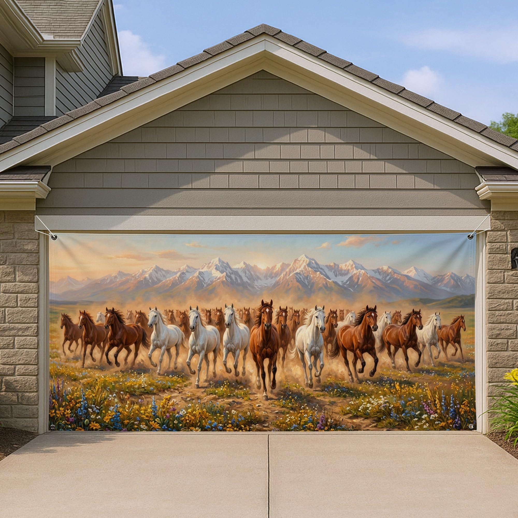 Décor de porte de garage chevaux au galop pour masquer une façade vieillissante