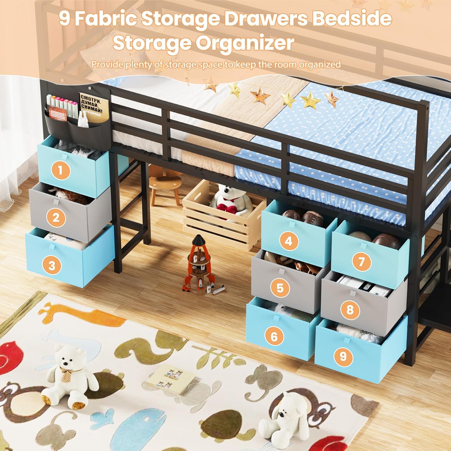 Low Loft Bed Twin Size with 9 Storage Drawers, Twin Loft Bed with Stairs,Bedside Storage, Metal Twin Loft Bed for Kids with 11.8" &22.5" H Safety Guardrail, Under-Bed Play Space, Black | Sleep Safe