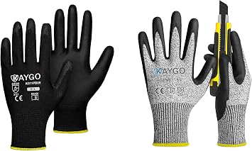KAYGO 12 Pairs Black PU Coated Safety Work Gloves KG11PB Seamless Knit Gloves and 2 Pairs A3 Cut Resistant Gloves KG21NB for Men and Women,L