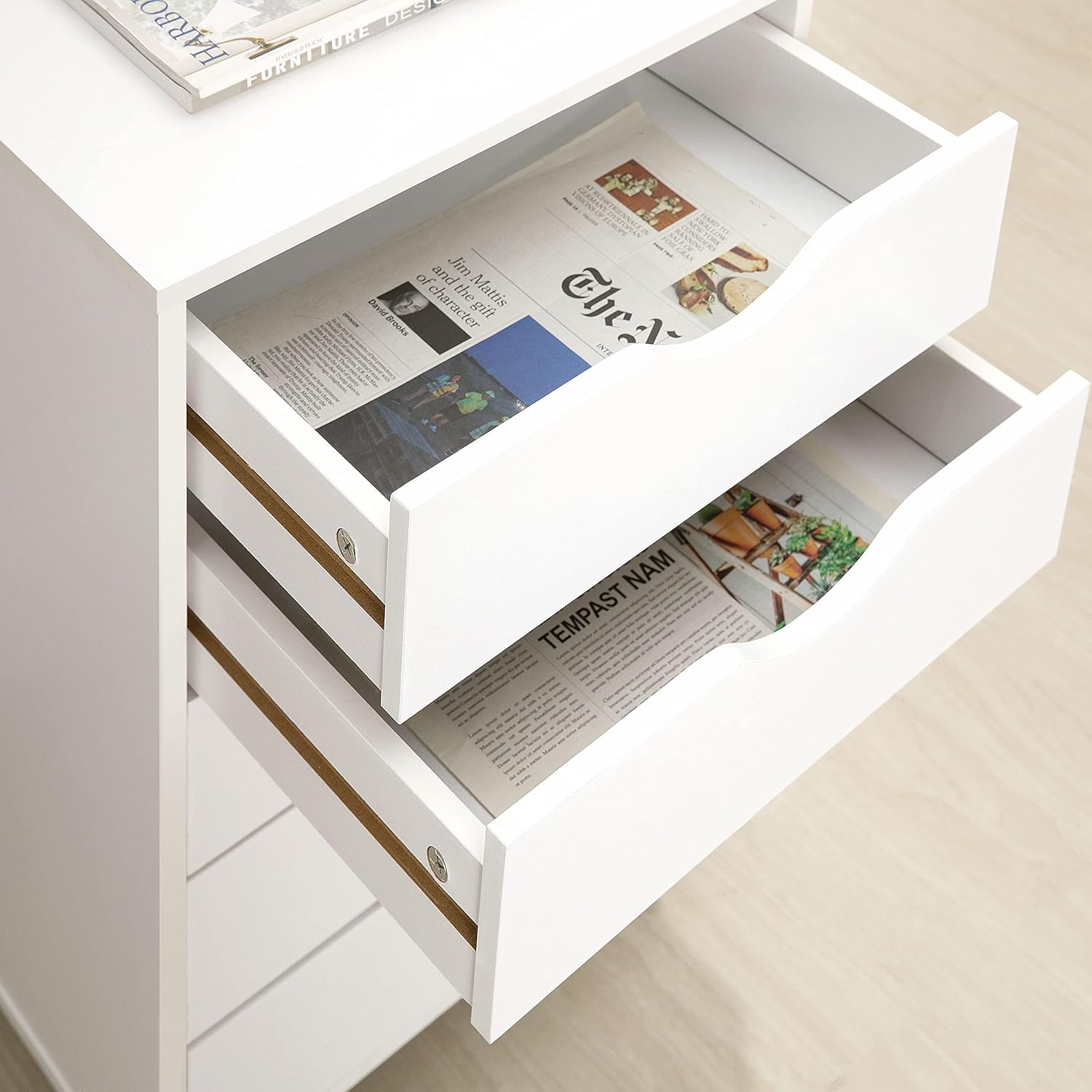 Modern Office Cabinet with Drawers on 360° Swivel Castors – Stylish Engineered Wood Office File Cabinet with Smooth Drawers & Soft-Close Hinge, Compact Office File Organizer with Curved Pull Handle
