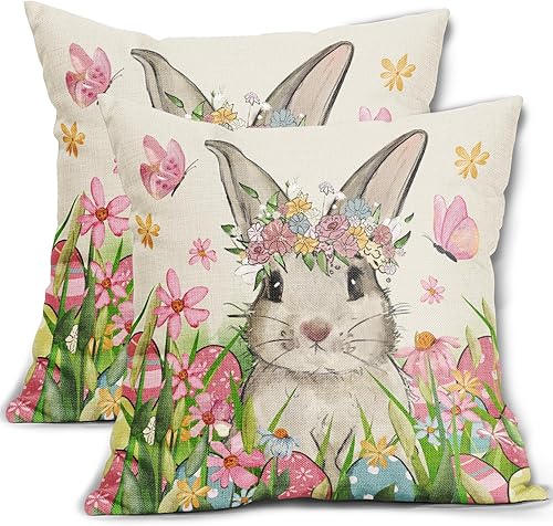 sorfbliss Juego de 2 fundas de almohada de Pascua de 18 x 18 pulgadas, diseño de huevos de conejo, conejo, acuarela, rosa, azul, floral, con
