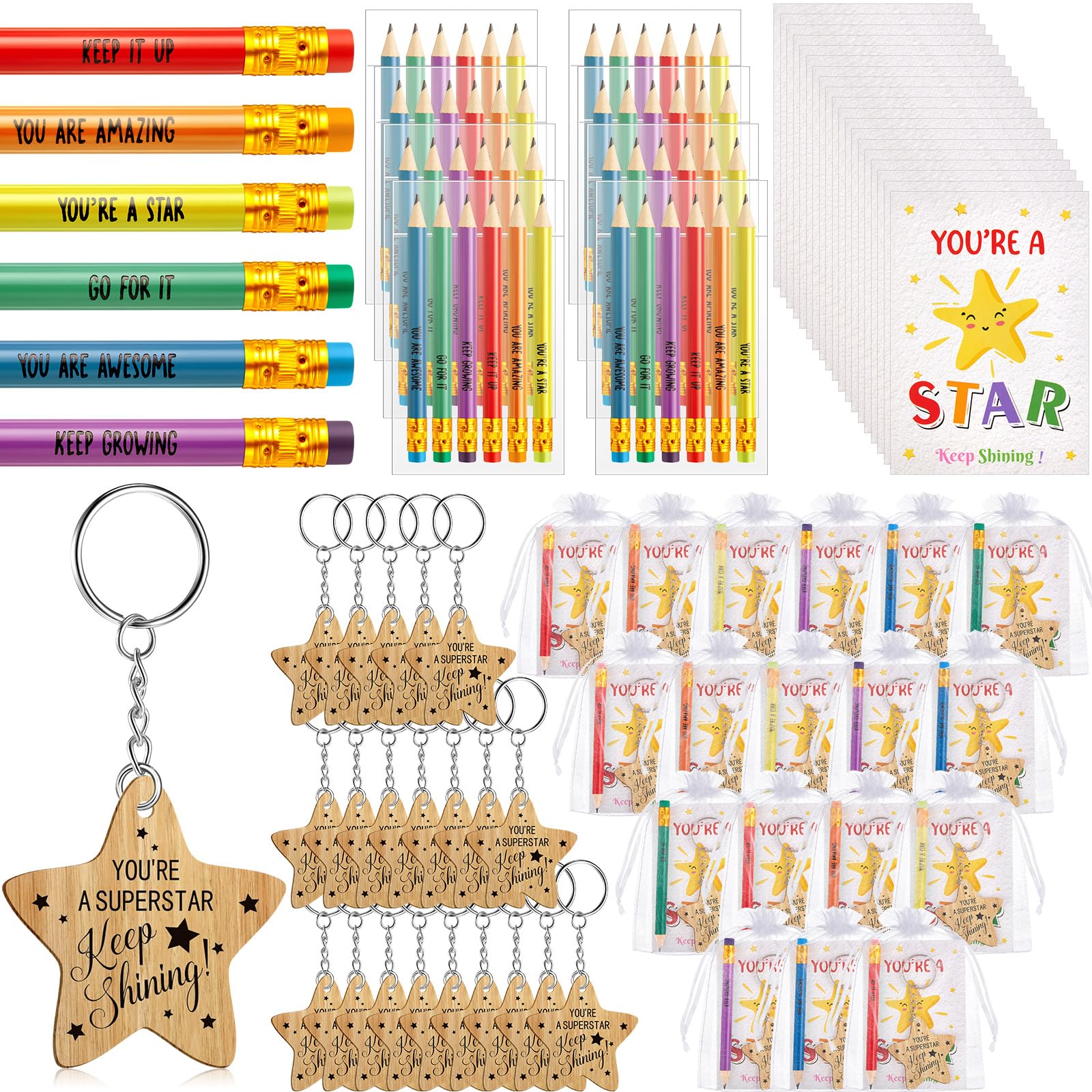 Sinmoe 50 Sets End of Term School Leaver of 2026 Class Gifts for Students from Teachers Include Positive Affirmation Card Star Keychains Rainbow Pencils Teacher to Leaver Gifts (Superstar)