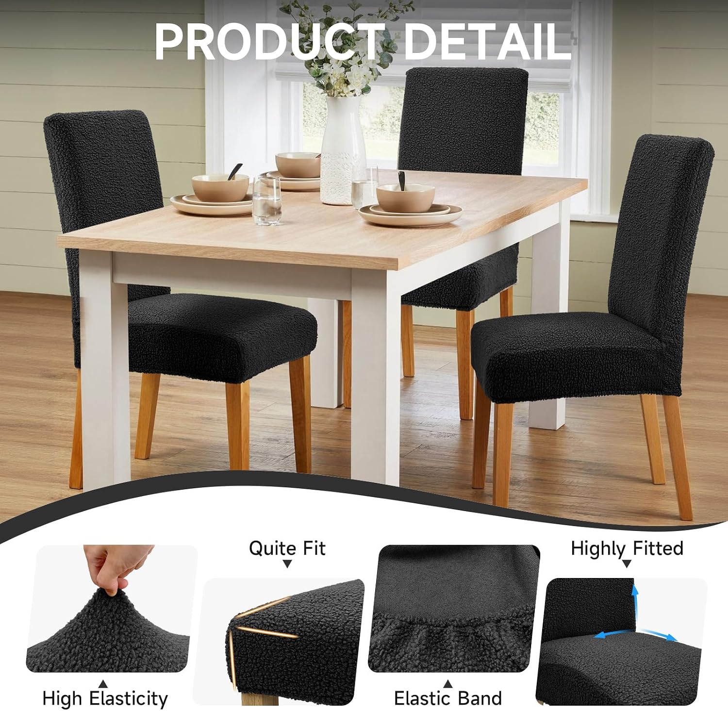 Teddy Wool Dining Chair Covers Soft Teddy Wool Dining Room Chair Covers Set of 2, Washable Kitchen Chairs Slipcovers Elastic Chairs Slipcover for Home and Kitchen (Black 2PCS)