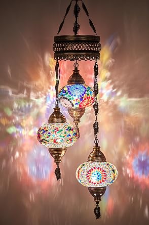 DEMMEX Turkish Moroccan Mosaic Hardwired Chandelier Light Ceiling Hanging Lamp Pendant Fixture Lighting, 3 Big Globes Hardwired