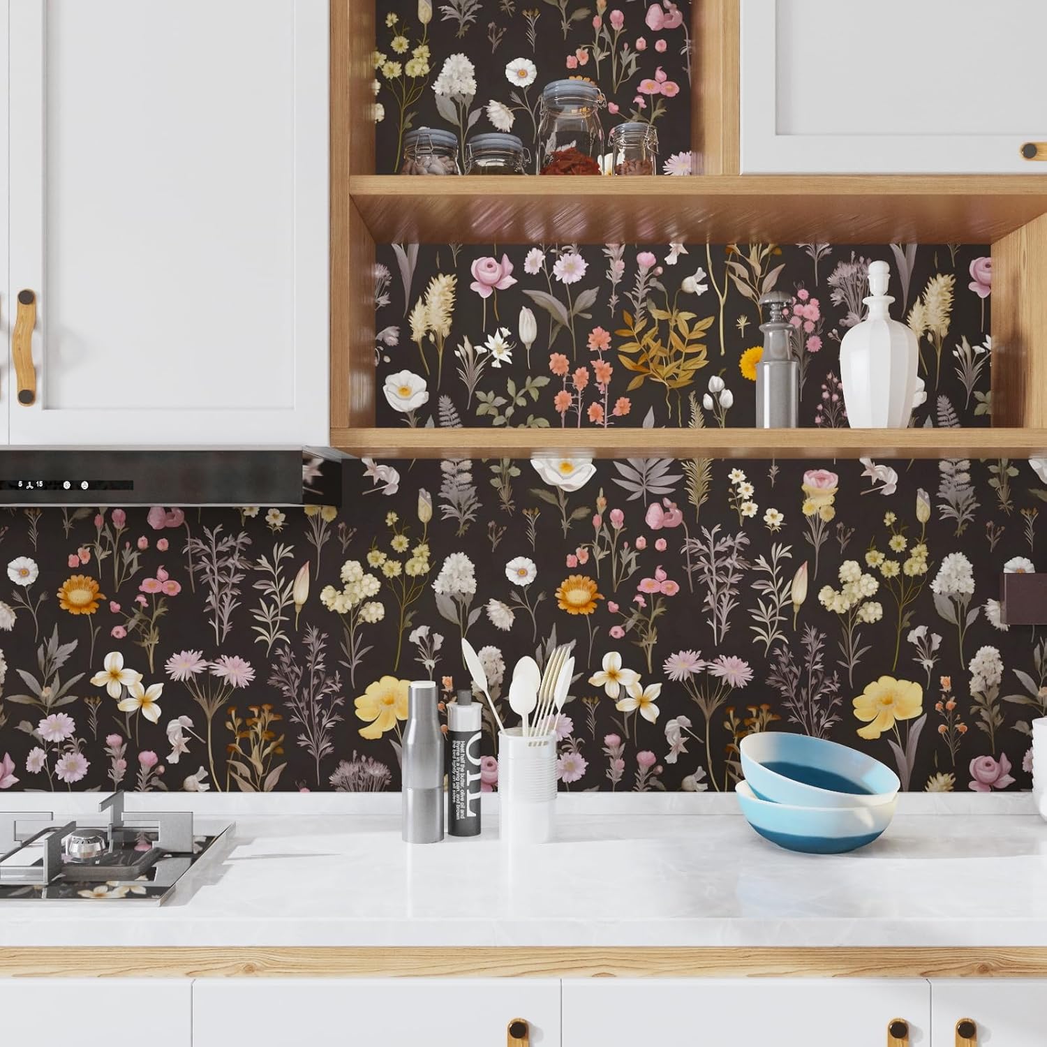 Black Floral Peel and Stick Wallpaper - Colorful Vinyl Contact Paper for Cabinets and Countertops - Waterproof Self-Adhesive Wallpaper - 17.5" x 393"
