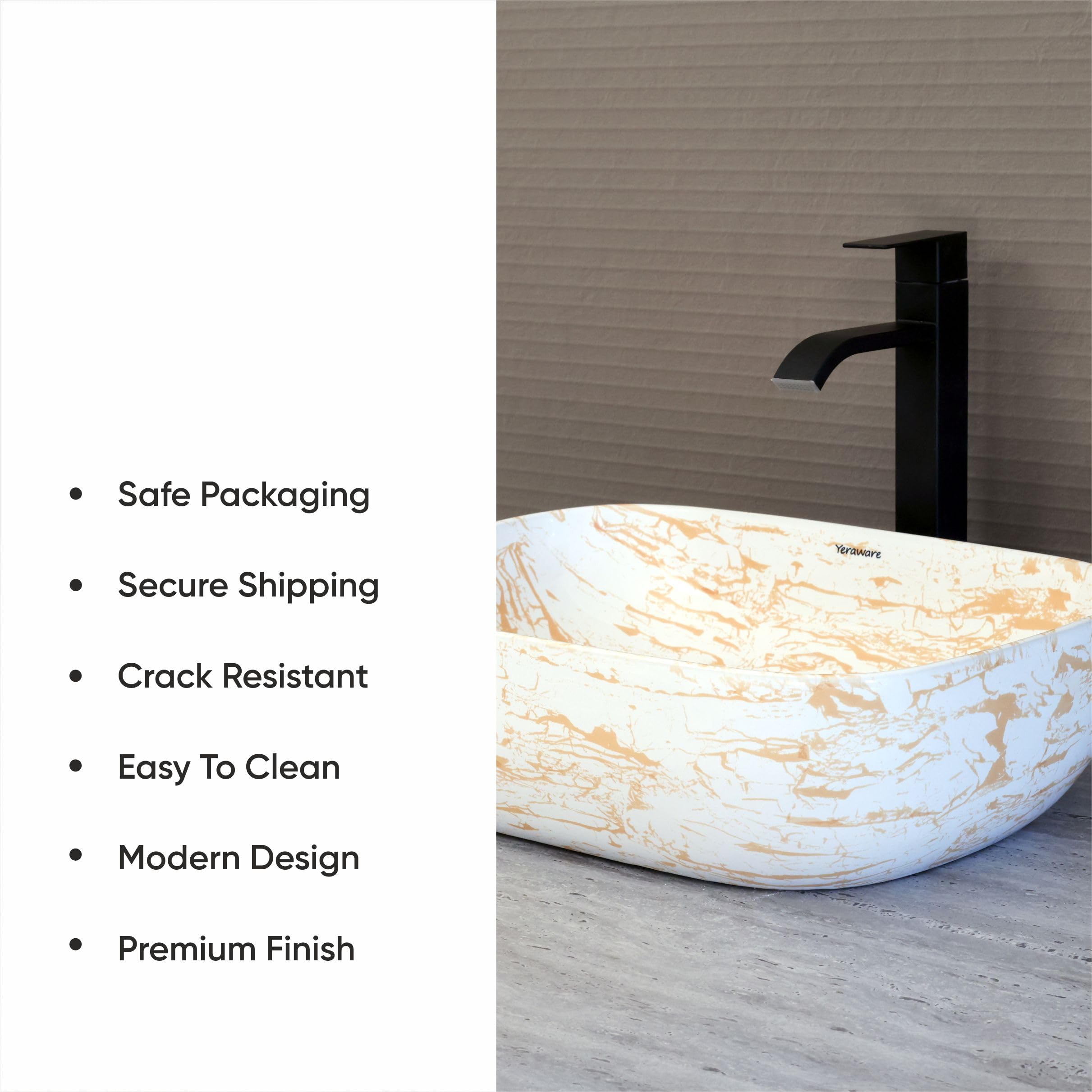 YERAWARE Premium Designer Ceramic Countertop Wash Basin For Bathroom | Stylish Tabletop Sink for Living Room, Hotels, Office & Restaurant (18 x 13 x 5 Inch) (Gold Marble Streaks) 3