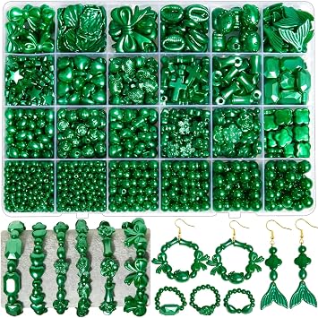 1170 Pcs ABS Imitation Pearl Beads for Jewelry Making, Assorted Heart Star Bowknot Circle Flower Aesthetic Cute Bead for Bracelet Necklaces Earrings Key Chains DIY Phone Charm Crafts Green