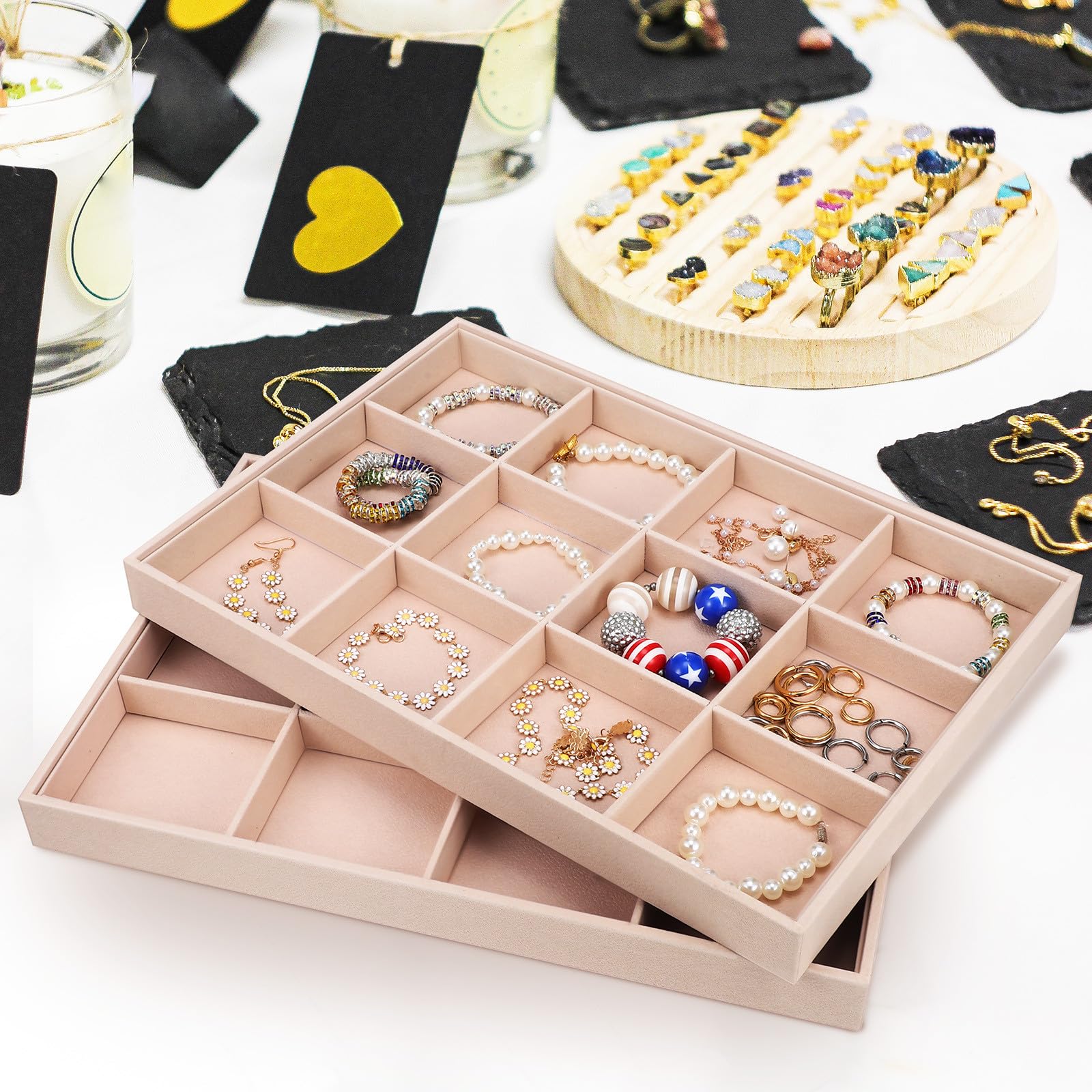 Bandejas para Joyas de Terciopelo 2 Unidades Organizador 12 Compartimentos Ajustables Bandeja para Exhibición y Almacenamiento de Anillos Collares y Pulseras Uso Doméstico y