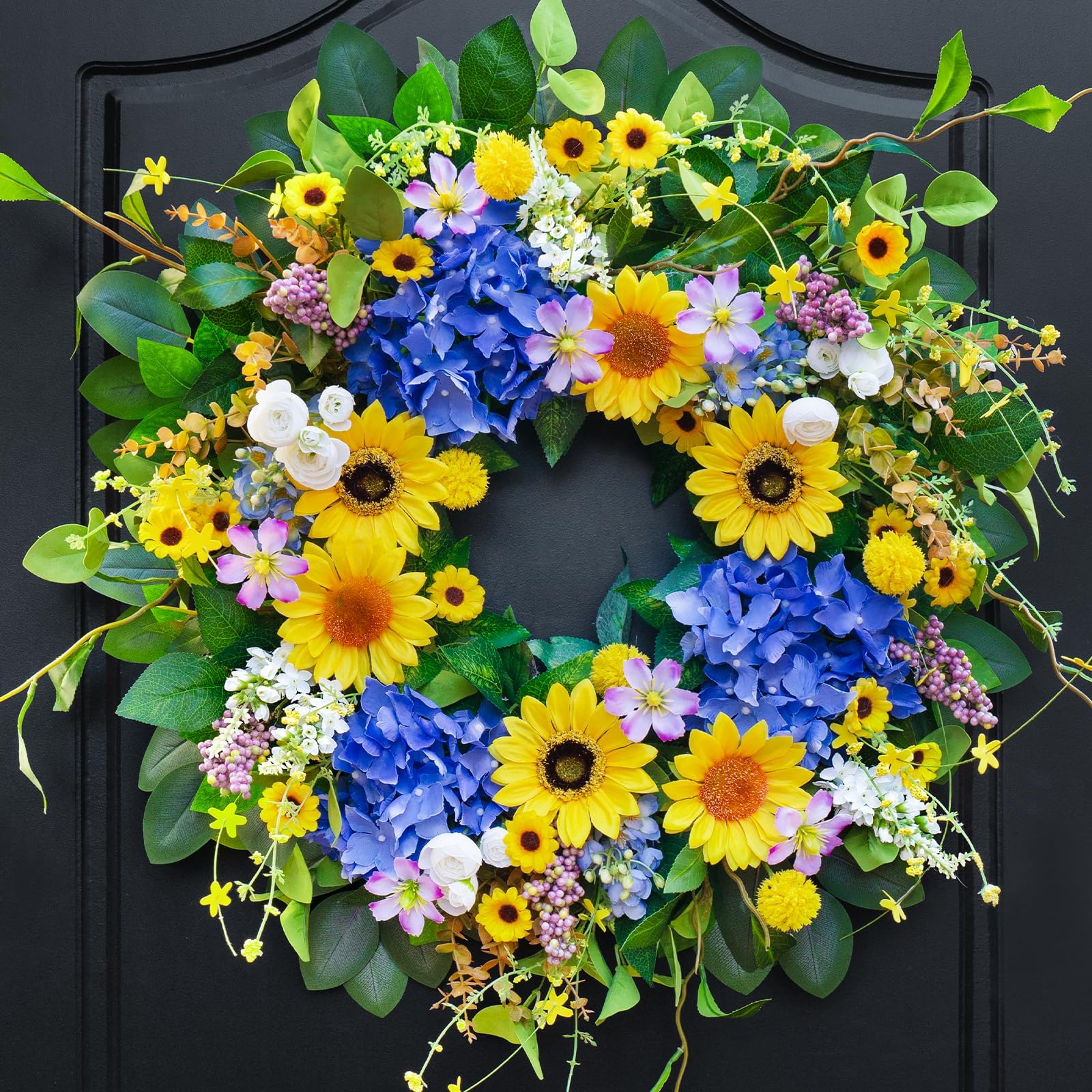 Spring Summer Wreaths for Front Door 24 Inch Artificial Eucalyptus Sunflower Daisy Flower Wreath,Lifelike Blue Hydrangea Floral Door Wreath for Mantel,Wedding Indoor Outdoor Home Wall Decor