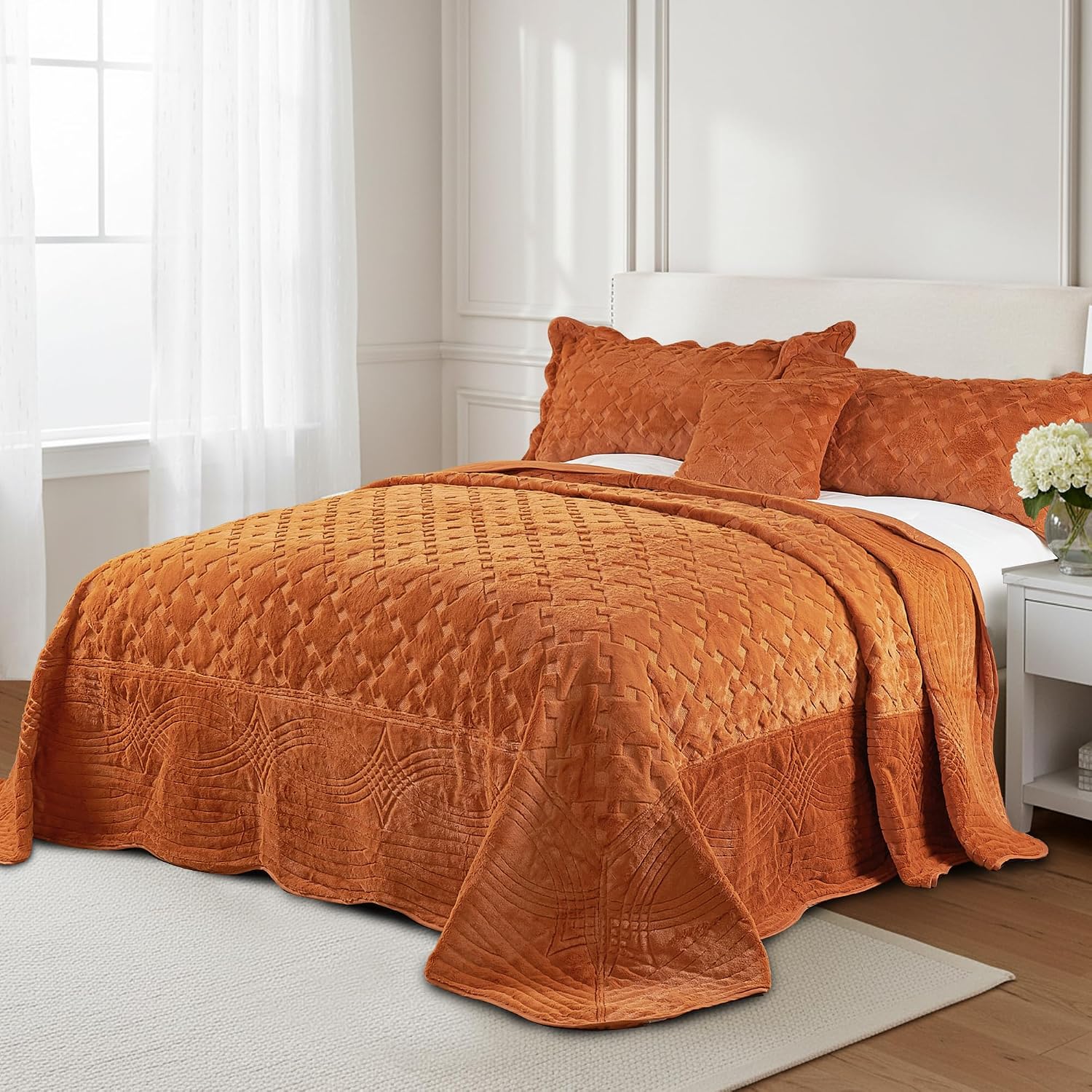 HESTIN 4 Piece Oversized Solid Color Quilt Microfiber Soft Faux Fur Coverlet Geometric Pattern Bedspread Set for All Season, 120" x 120", Orange